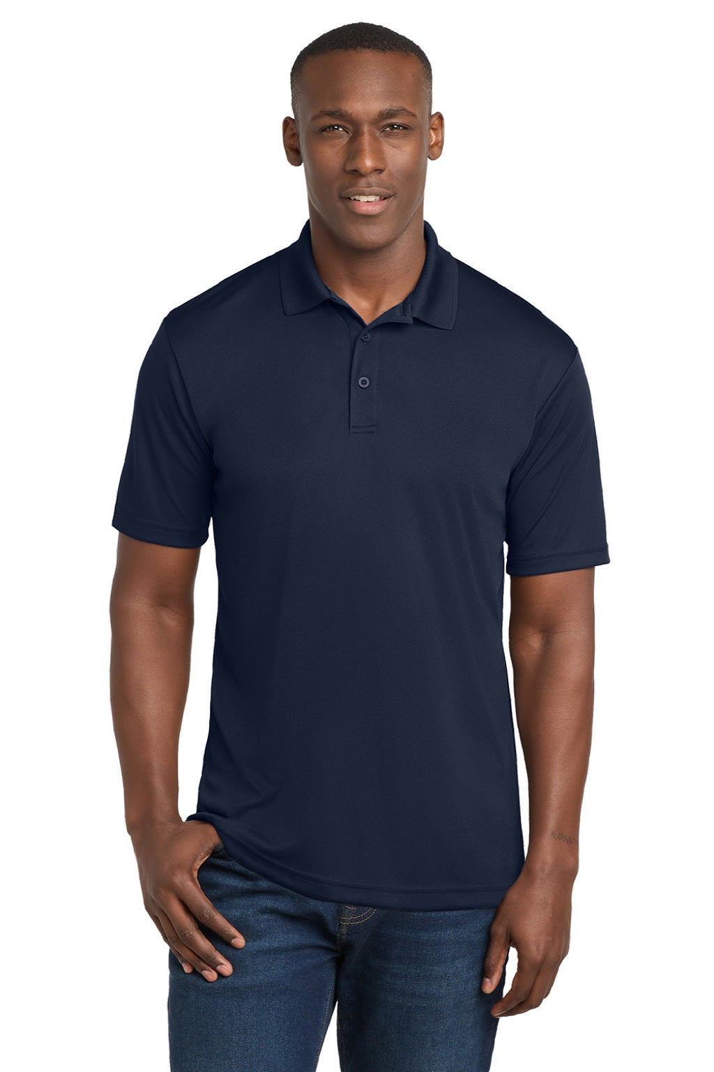 Sport-Tek ST550 Mens Competitor Moisture Wicking Short Sleeve Polo Shirt True Navy Blue Model Front