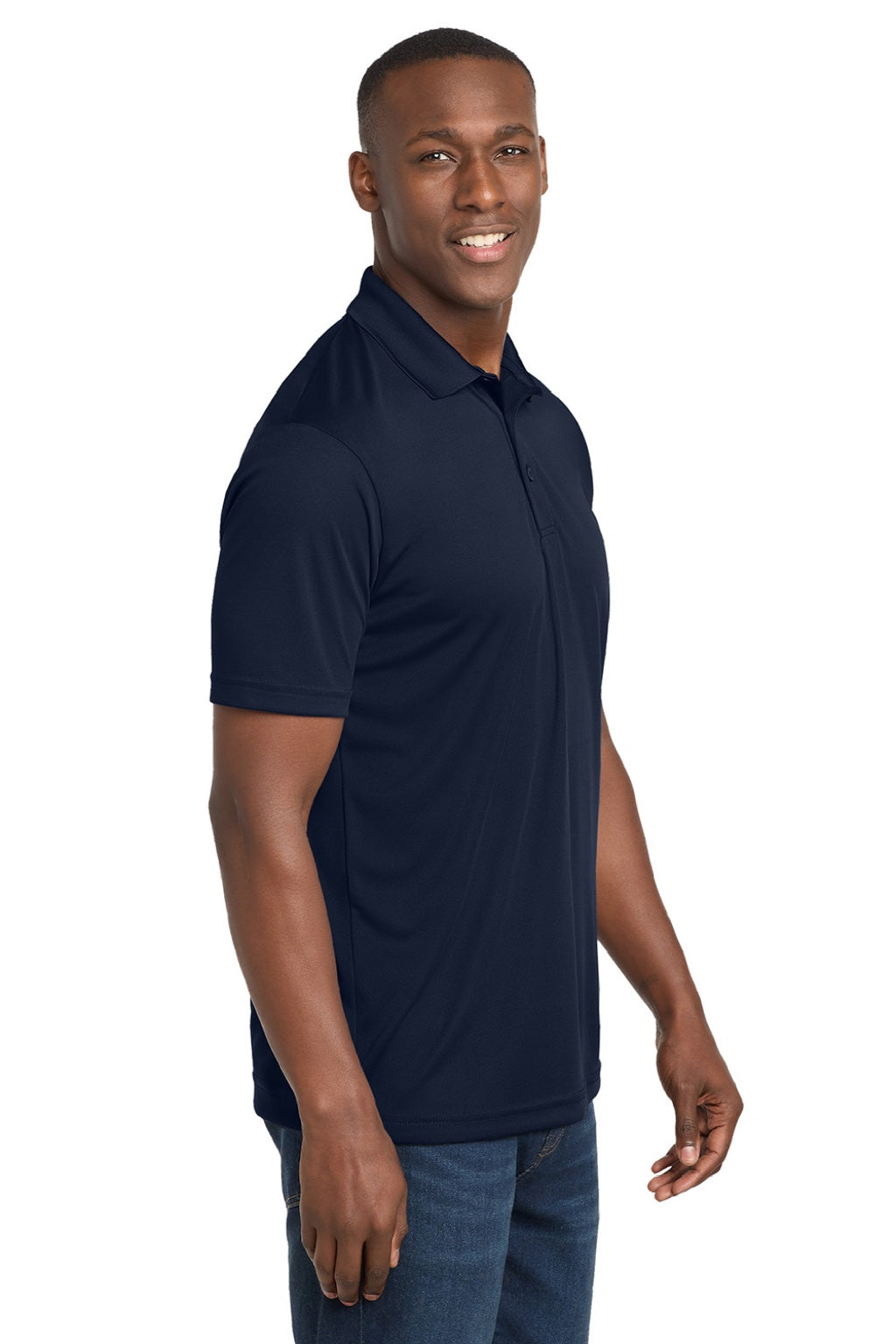 Sport-Tek ST550 Mens Competitor Moisture Wicking Short Sleeve Polo Shirt True Navy Blue Model Side