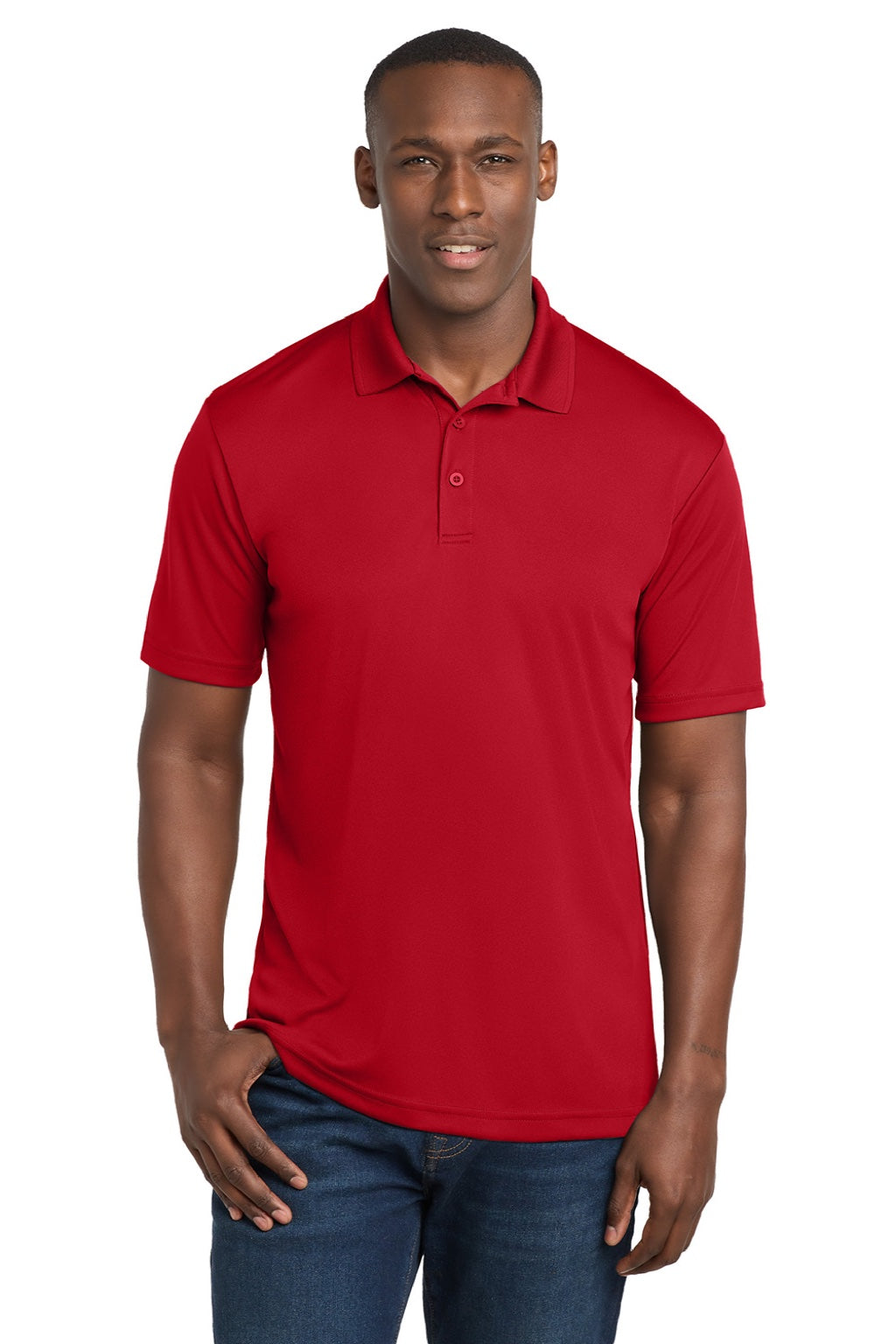 Sport-Tek ST550 Mens Competitor Moisture Wicking Short Sleeve Polo Shirt True Red Model Front
