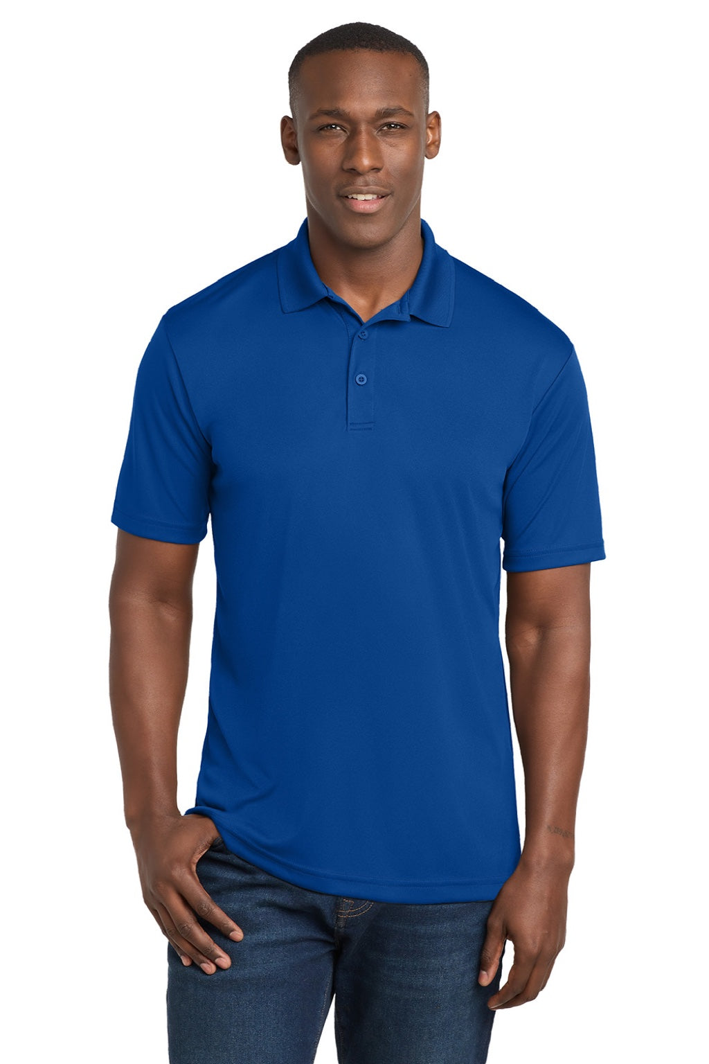 Sport-Tek ST550 Mens Competitor Moisture Wicking Short Sleeve Polo Shirt True Royal Blue Model Front