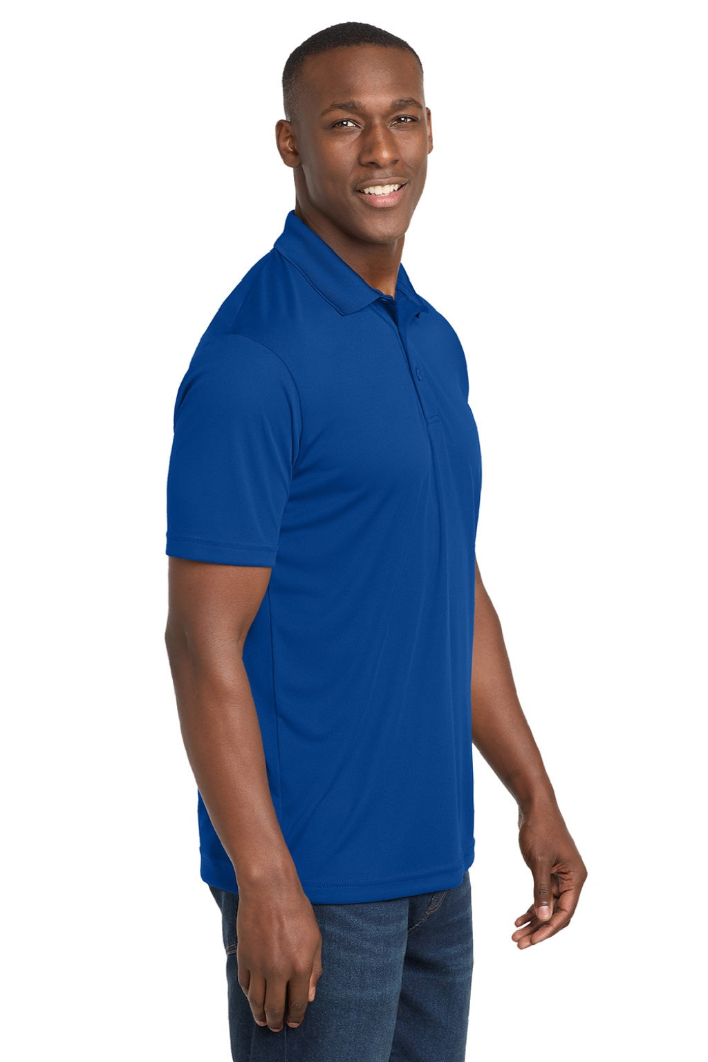 Sport-Tek ST550 Mens Competitor Moisture Wicking Short Sleeve Polo Shirt True Royal Blue Model Side