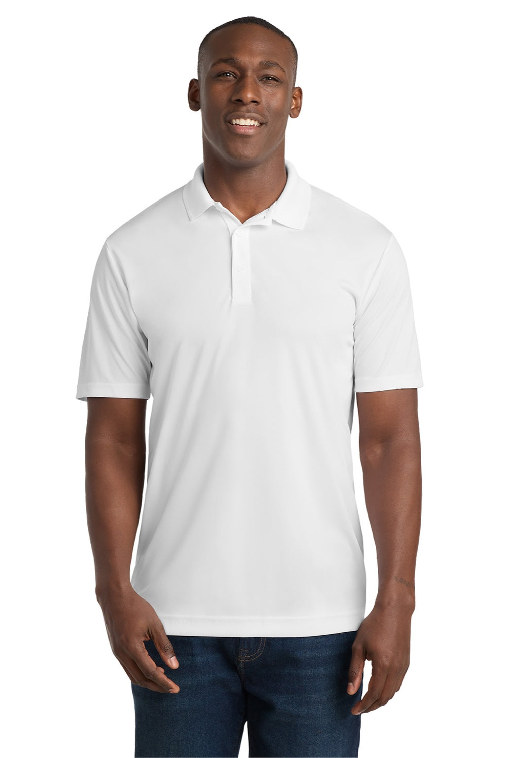 Sport-Tek ST550 Mens Competitor Moisture Wicking Short Sleeve Polo Shirt White Model Front