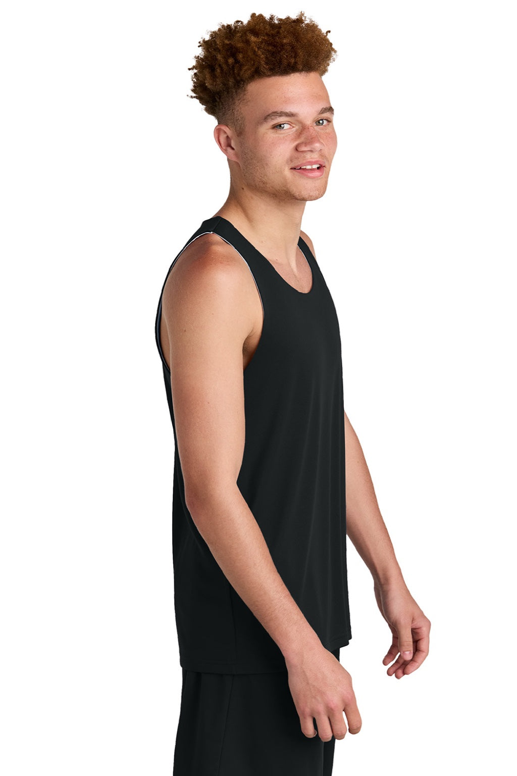 Sport-Tek ST551 Mens Moisture Wicking Competitor Rev Tank Top Black/White Model Side
