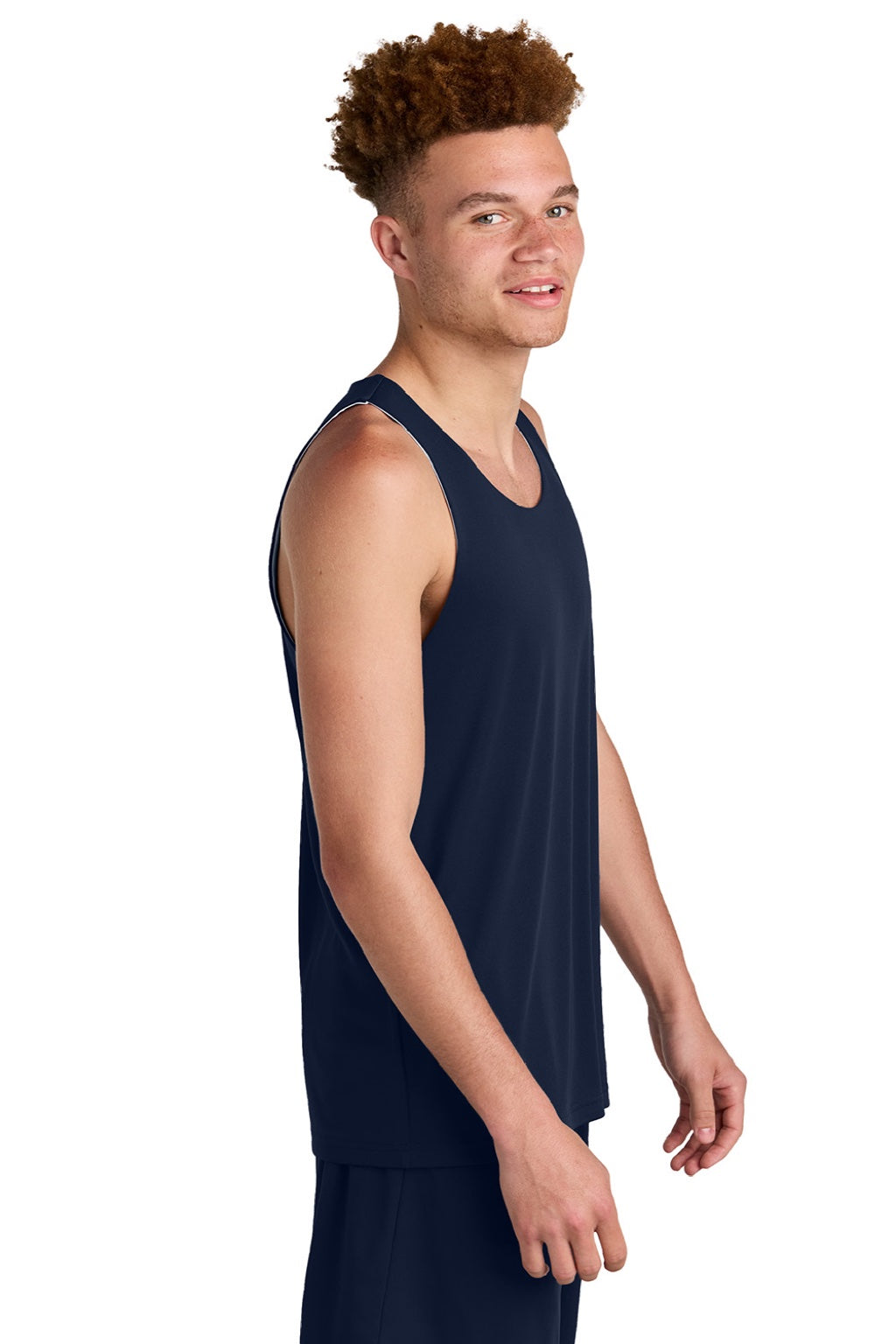 Sport-Tek ST551 Mens Moisture Wicking Competitor Rev Tank Top True Navy Blue/White Model Side