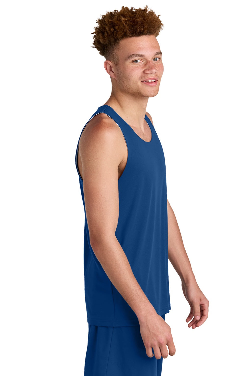 Sport-Tek ST551 Mens Moisture Wicking Competitor Rev Tank Top True Royal Blue/White Model Side