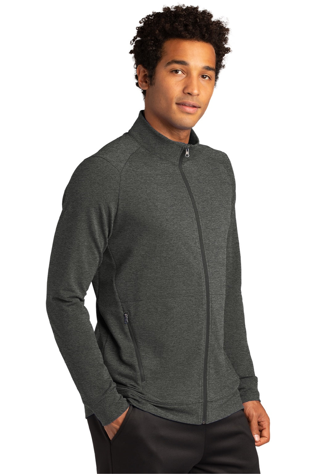 Sport-Tek ST560 Mens Flex Fleece Moisture Wicking Full Zip Sweatshirt w/ Pockets Heather Dark Grey Model 3q