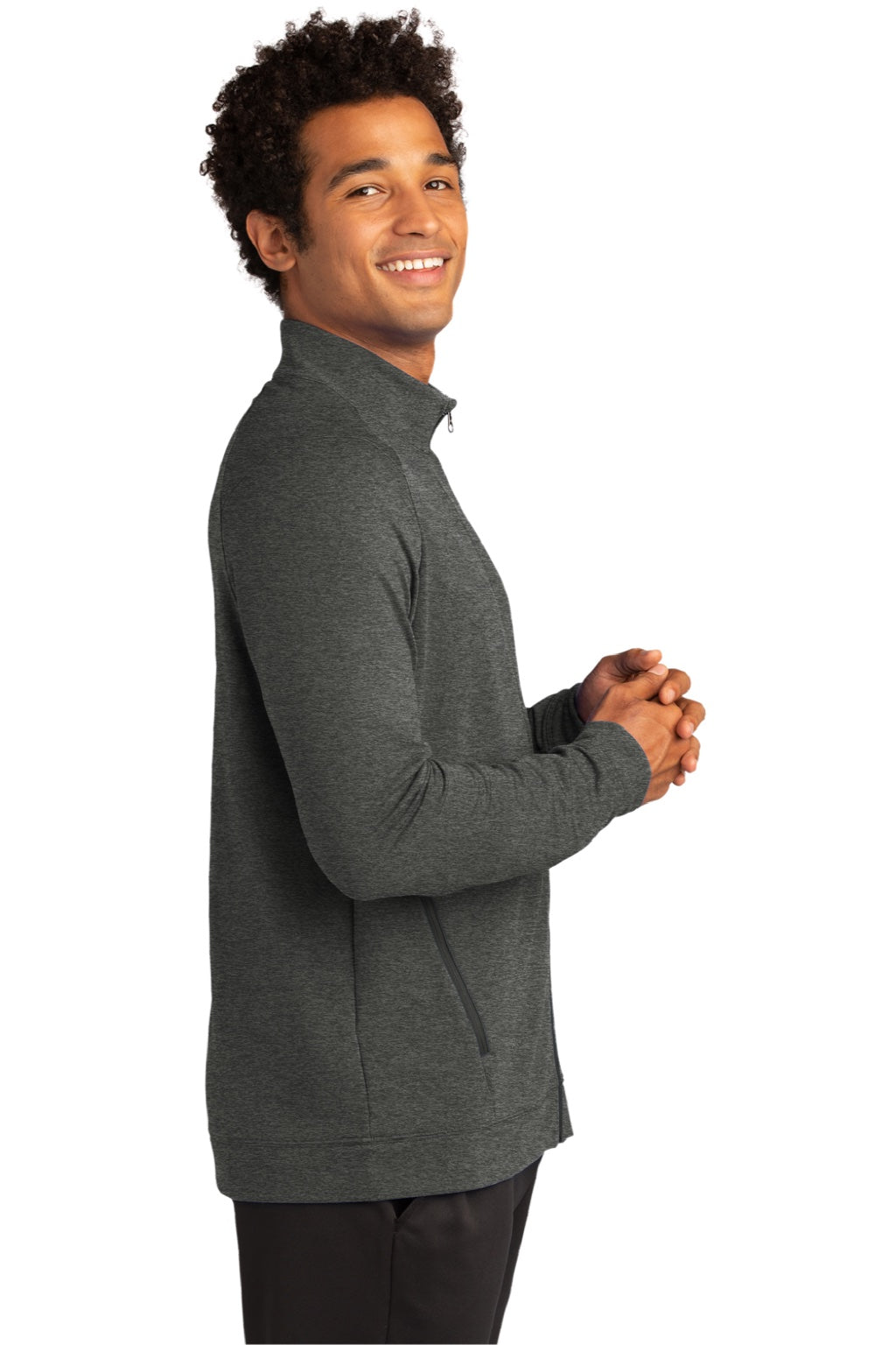 Sport-Tek ST560 Mens Flex Fleece Moisture Wicking Full Zip Sweatshirt w/ Pockets Heather Dark Grey Model Side