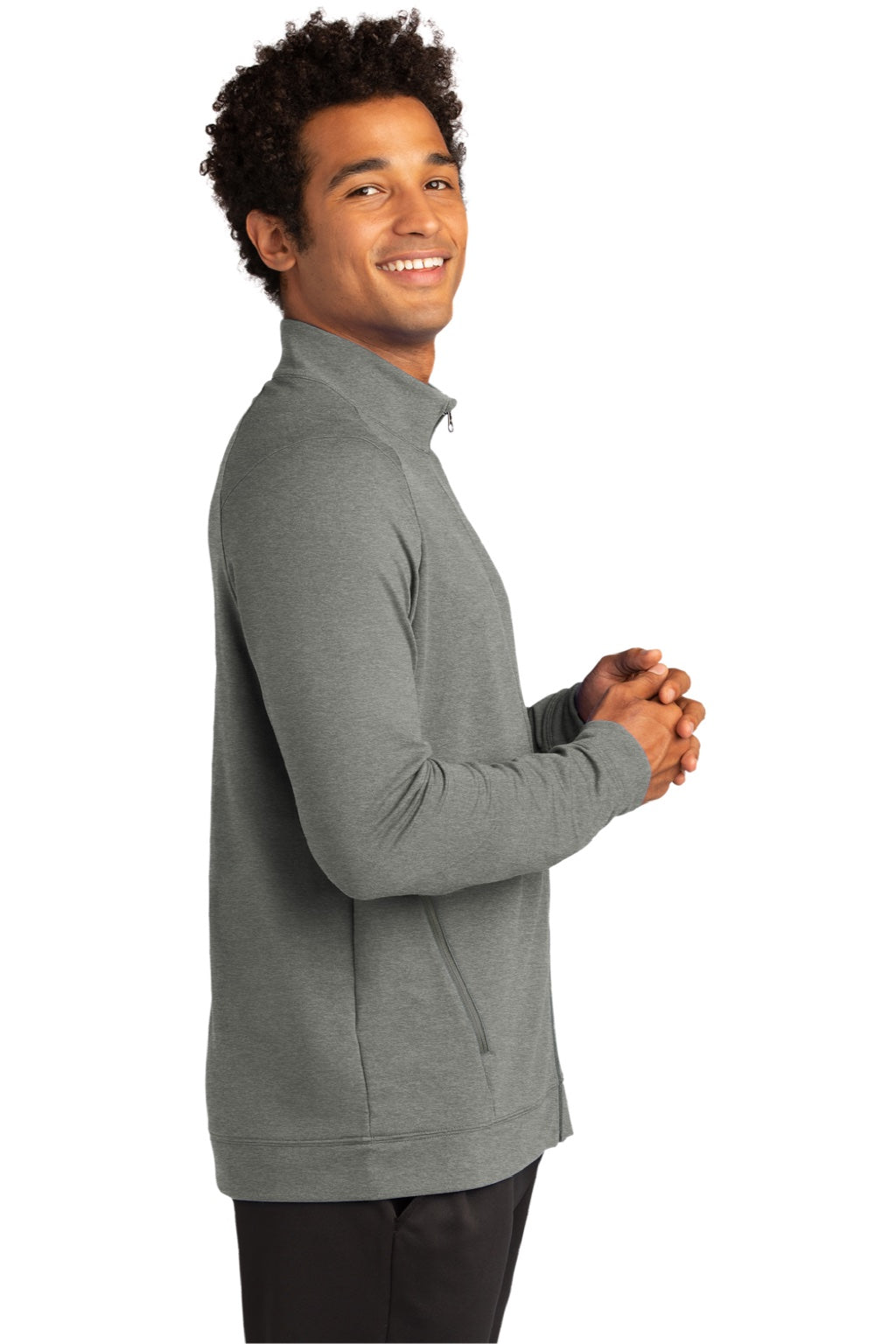 Sport-Tek ST560 Mens Flex Fleece Moisture Wicking Full Zip Sweatshirt w/ Pockets Heather Light Grey Model Side