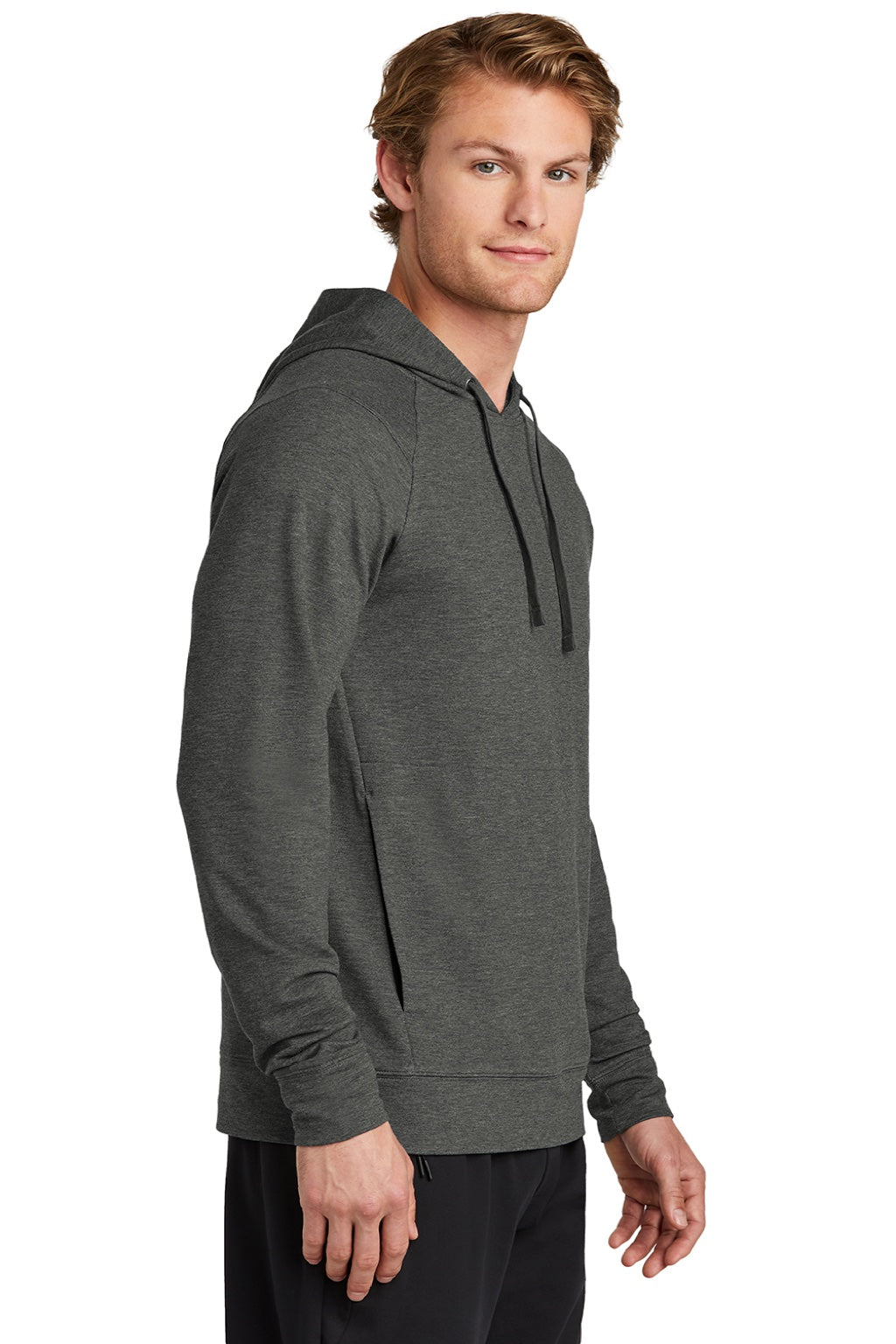 Sport-Tek ST562 Mens Flex Fleece Moisture Wicking Hooded Sweatshirt Hoodie w/ Pockets Heather Dark Grey Model Side