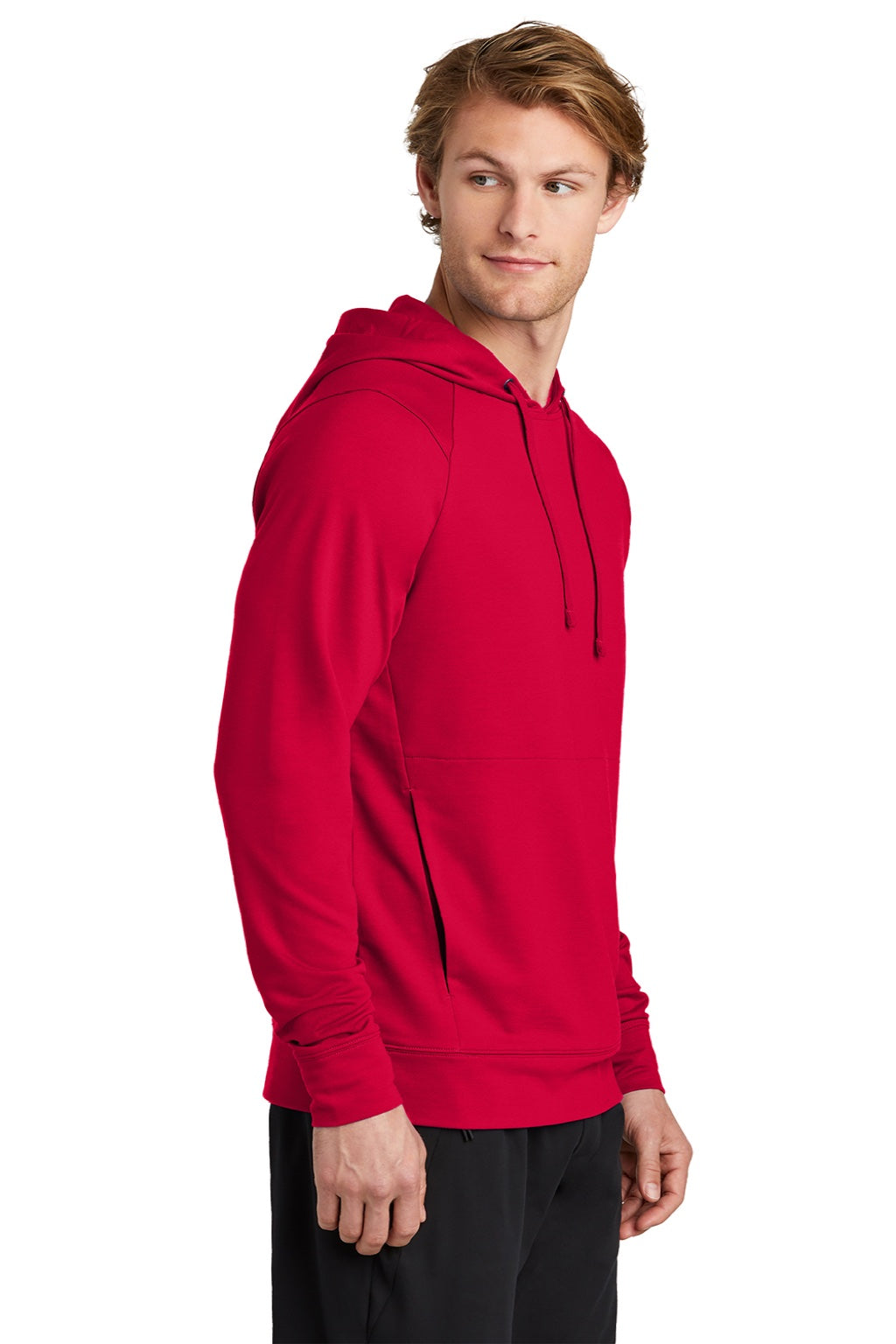 Sport-Tek ST562 Mens Flex Fleece Moisture Wicking Hooded Sweatshirt Hoodie w/ Pockets Deep Red Model Side