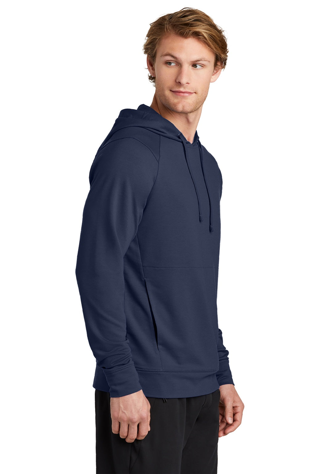 Sport-Tek ST562 Mens Flex Fleece Moisture Wicking Hooded Sweatshirt Hoodie w/ Pockets True Navy Blue Model Side