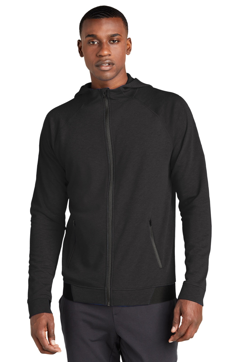 Sport-Tek ST570 Mens Strive PosiCharge Full Zip Hooded Sweatshirt Hoodie w/ Pockets Black Model Front