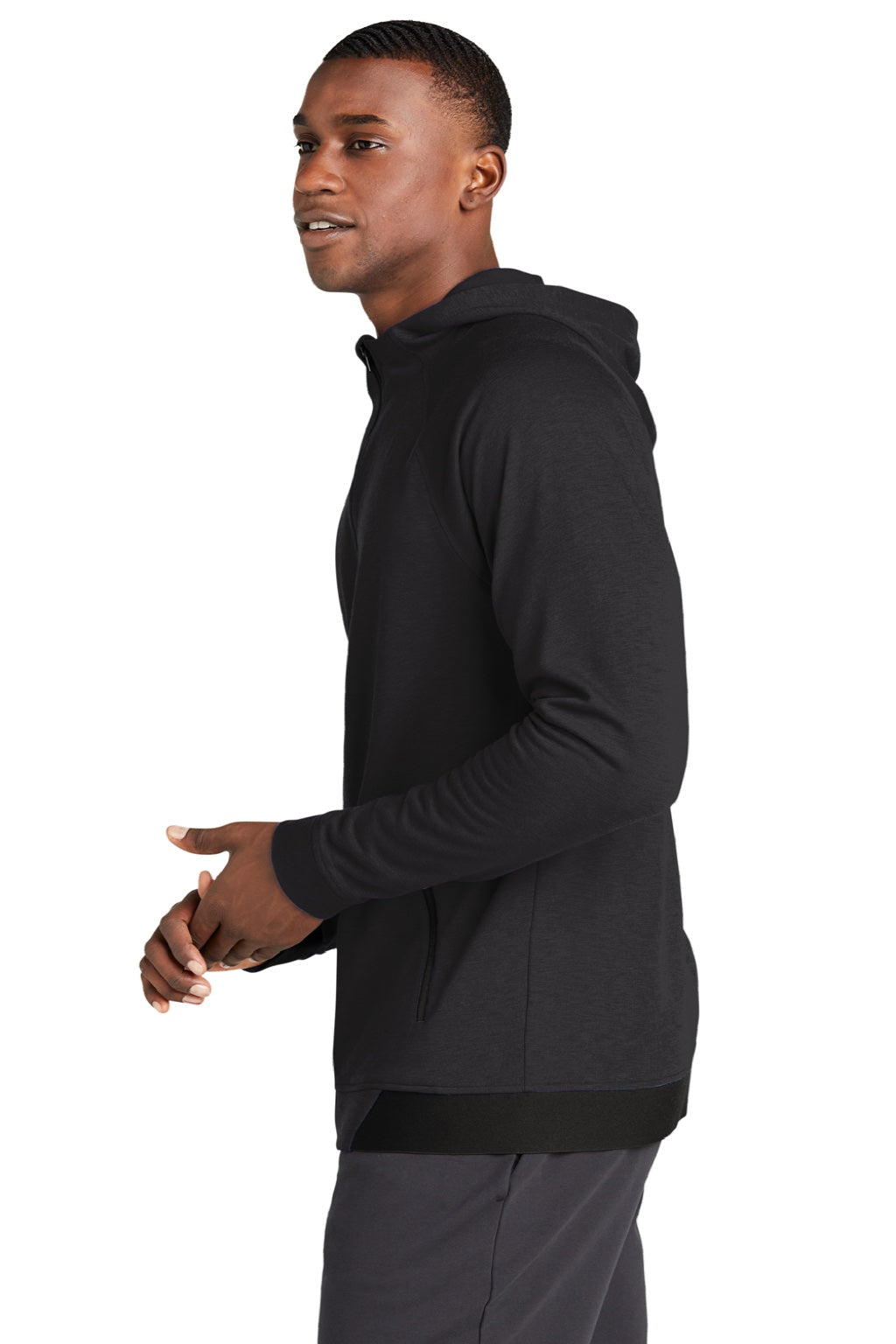 Sport-Tek ST570 Mens Strive PosiCharge Full Zip Hooded Sweatshirt Hoodie w/ Pockets Black Model Side