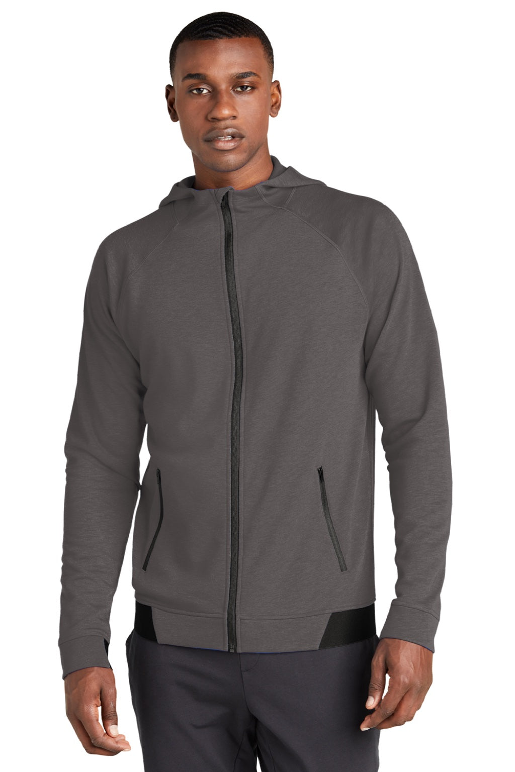Sport-Tek ST570 Mens Strive PosiCharge Full Zip Hooded Sweatshirt Hoodie w/ Pockets Graphite Grey Model Front