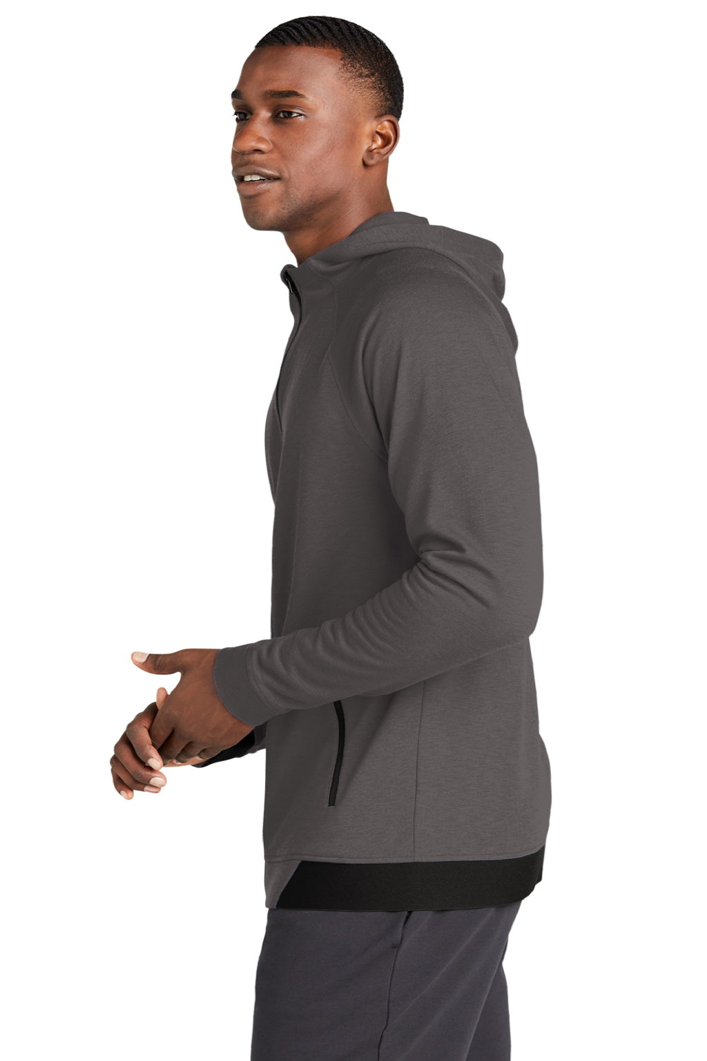 Sport-Tek ST570 Mens Strive PosiCharge Full Zip Hooded Sweatshirt Hoodie w/ Pockets Graphite Grey Model Side