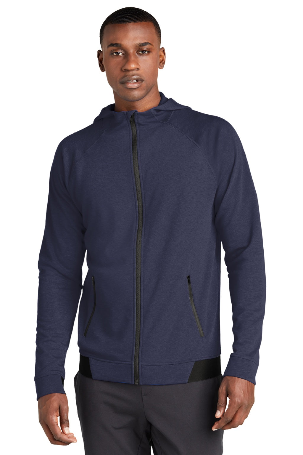 Sport-Tek ST570 Mens Strive PosiCharge Full Zip Hooded Sweatshirt Hoodie w/ Pockets True Navy Blue Model Front