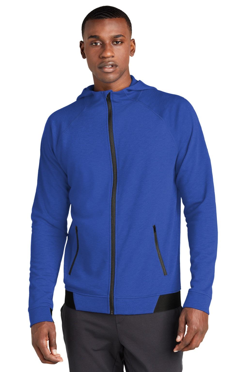 Sport-Tek ST570 Mens Strive PosiCharge Full Zip Hooded Sweatshirt Hoodie w/ Pockets True Royal Blue Model Front