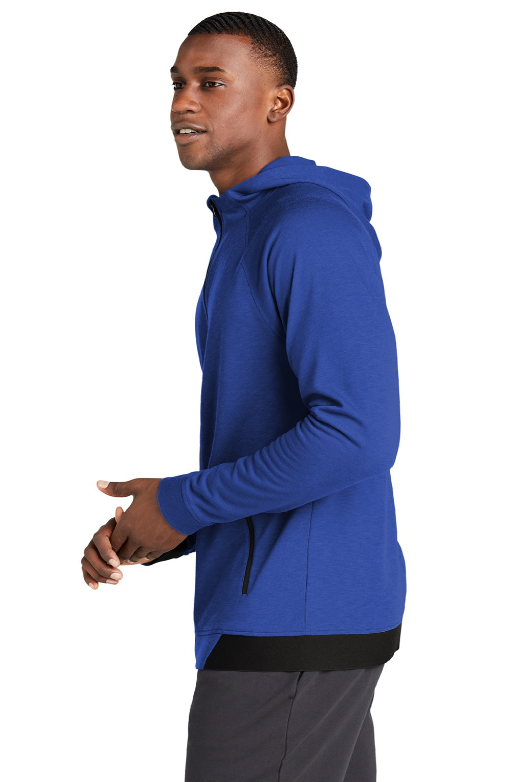 Sport-Tek ST570 Mens Strive PosiCharge Full Zip Hooded Sweatshirt Hoodie w/ Pockets True Royal Blue Model Side
