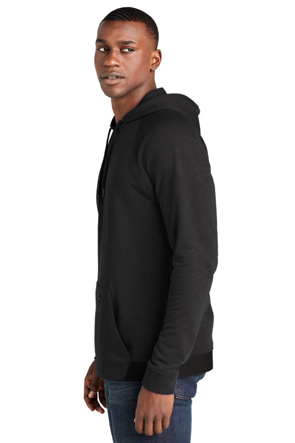 Sport-Tek ST571 Mens Strive PosiCharge Hooded Sweatshirt Hoodie w/ Pouch Pocket Black Model Side
