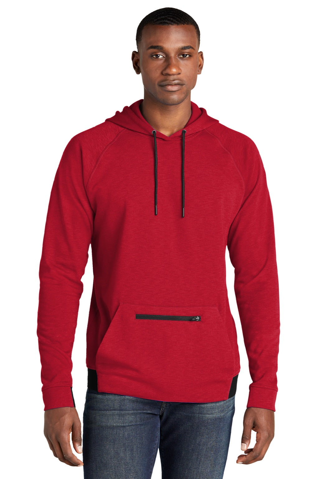 Sport-Tek ST571 Mens Strive PosiCharge Hooded Sweatshirt Hoodie w/ Pouch Pocket Deep Red Model Front