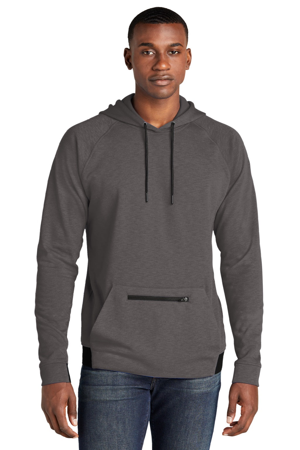 Sport-Tek ST571 Mens Strive PosiCharge Hooded Sweatshirt Hoodie w/ Pouch Pocket Graphite Grey Model Front