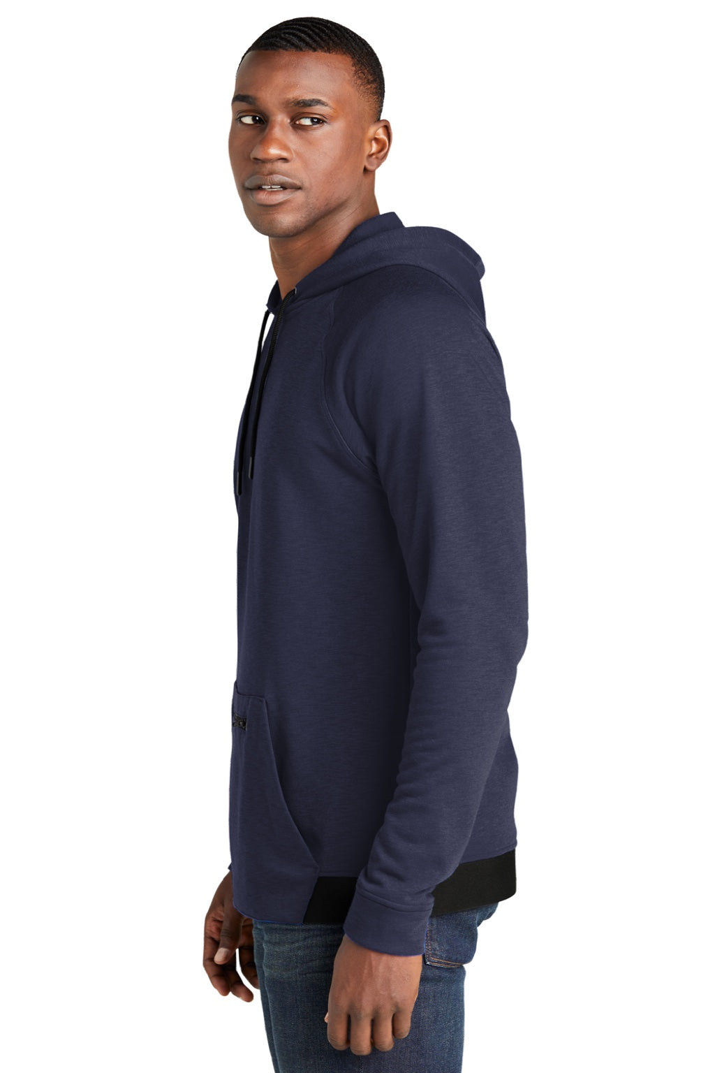 Sport-Tek ST571 Mens Strive PosiCharge Hooded Sweatshirt Hoodie w/ Pouch Pocket True Navy Blue Model Side