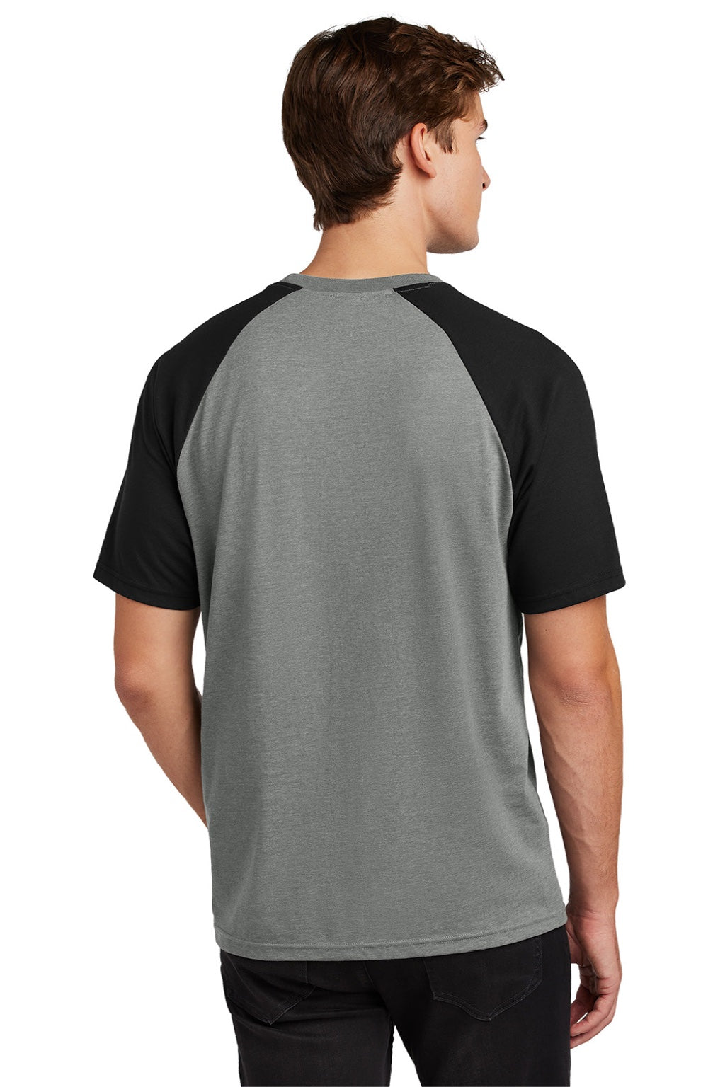 Sport-Tek ST6040 Mens Halftime Raglan Short Sleeve Crewneck T-Shirt Heather Vintage Grey/Black Model Back