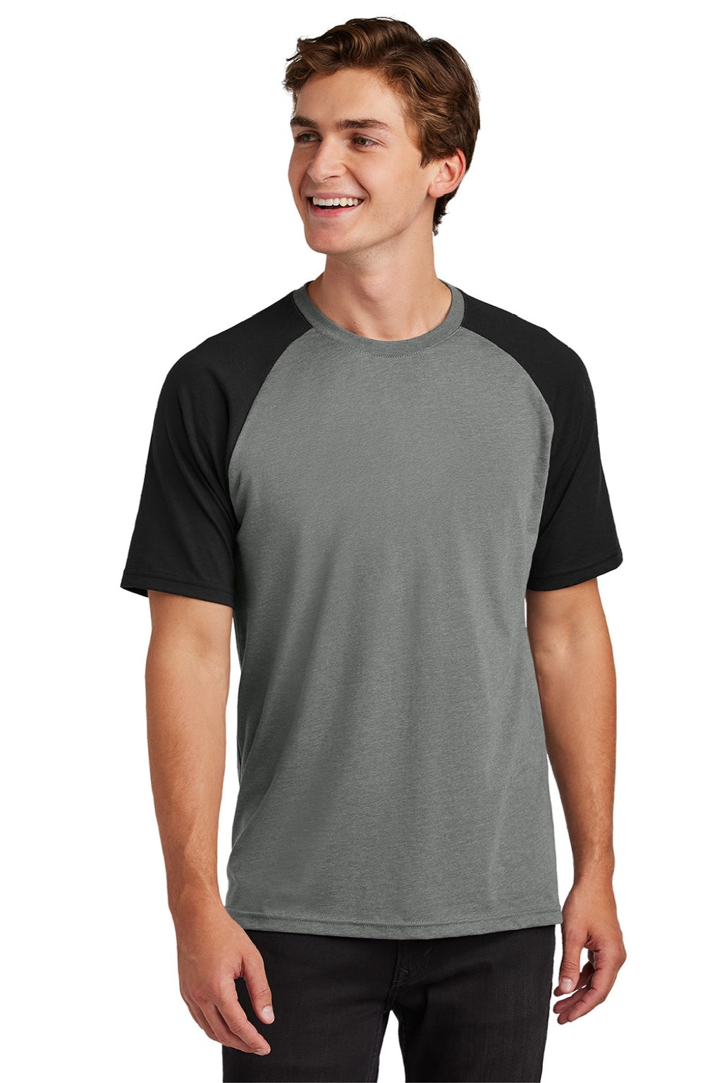Sport-Tek ST6040 Mens Halftime Raglan Short Sleeve Crewneck T-Shirt Heather Vintage Grey/Black Model Front
