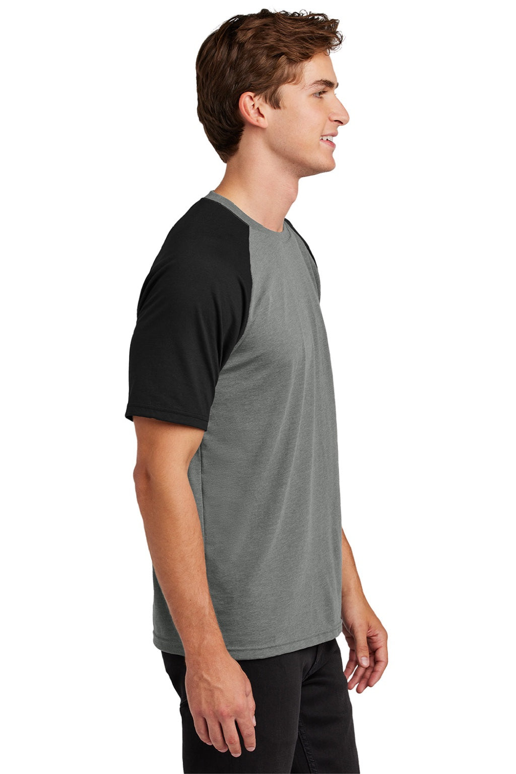 Sport-Tek ST6040 Mens Halftime Raglan Short Sleeve Crewneck T-Shirt Heather Vintage Grey/Black Model Side