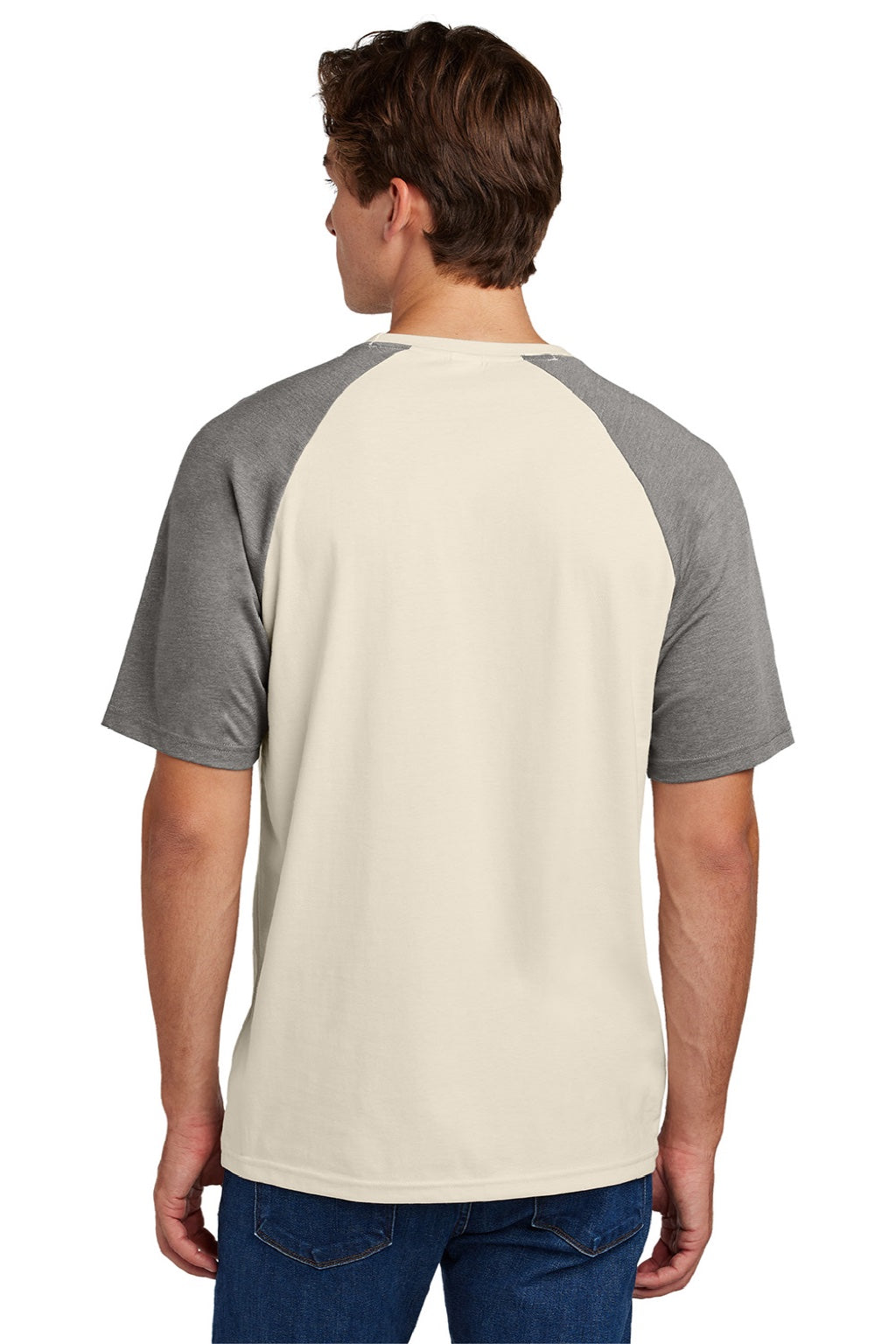 Sport-Tek ST6040 Mens Halftime Raglan Short Sleeve Crewneck T-Shirt Ecru/Heather Vintage Grey Model Back