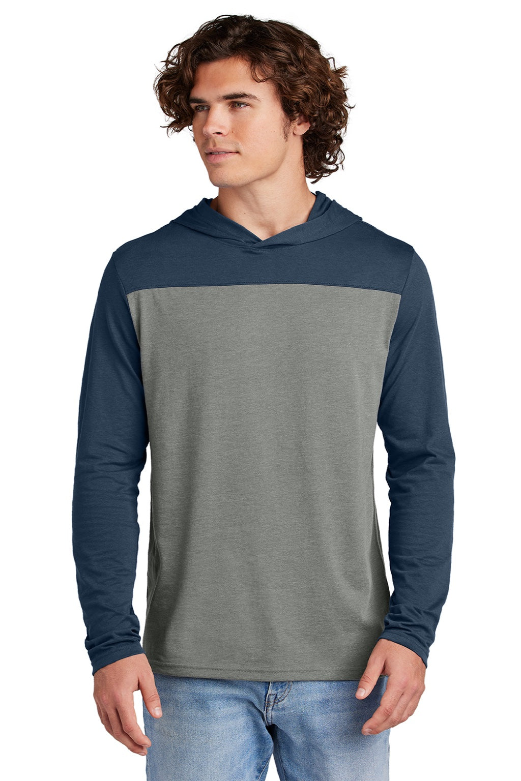 Sport-Tek ST6044 Mens Halftime Long Sleeve Hooded T-Shirt Hoodie Heather Vintage Grey/True Navy Blue Model Front