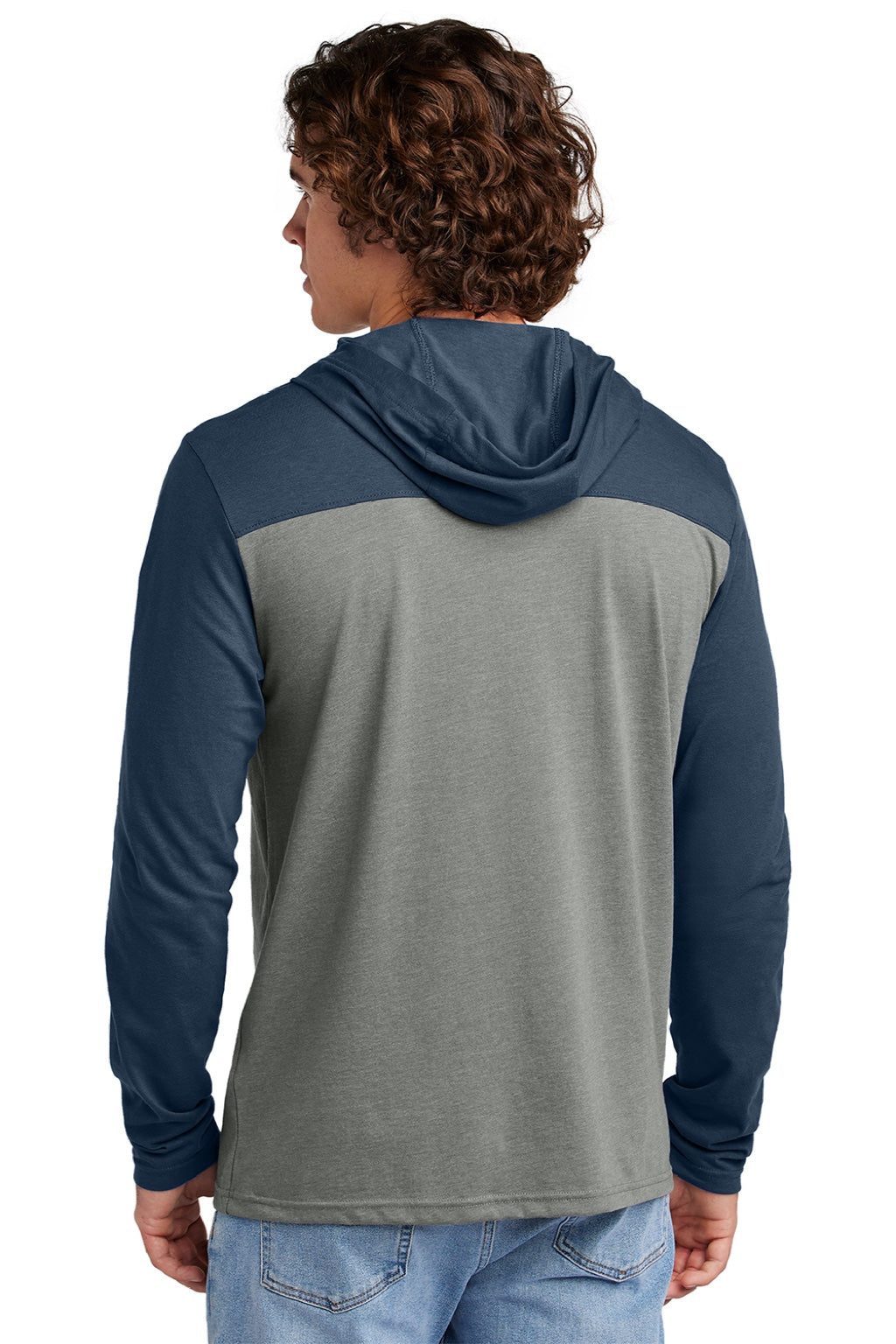 Sport-Tek ST6044 Mens Halftime Long Sleeve Hooded T-Shirt Hoodie Heather Vintage Grey/True Navy Blue Model Back