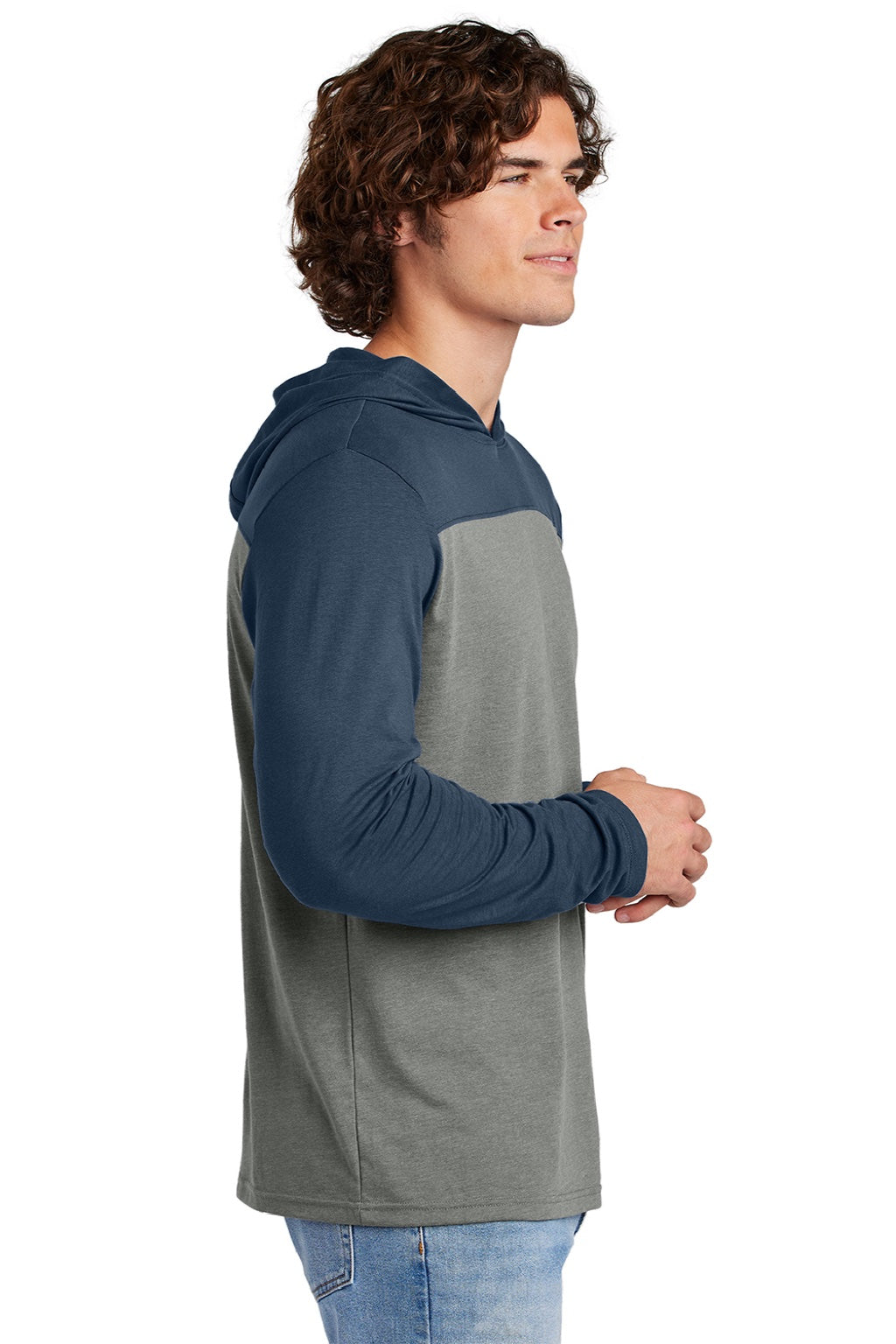 Sport-Tek ST6044 Mens Halftime Long Sleeve Hooded T-Shirt Hoodie Heather Vintage Grey/True Navy Blue Model Side