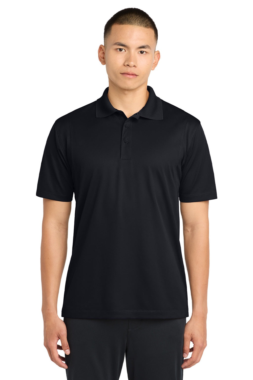 Sport-Tek ST650/TST650 Mens Sport-Wick Moisture Wicking Short Sleeve Polo Shirt Black Model Front
