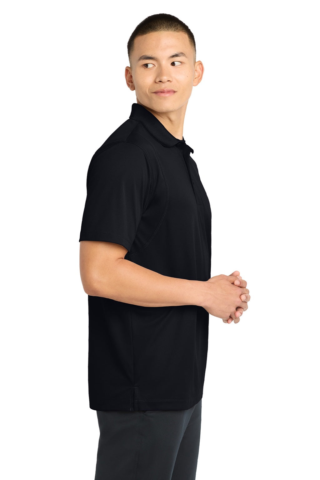 Sport-Tek ST650/TST650 Mens Sport-Wick Moisture Wicking Short Sleeve Polo Shirt Black Model Side