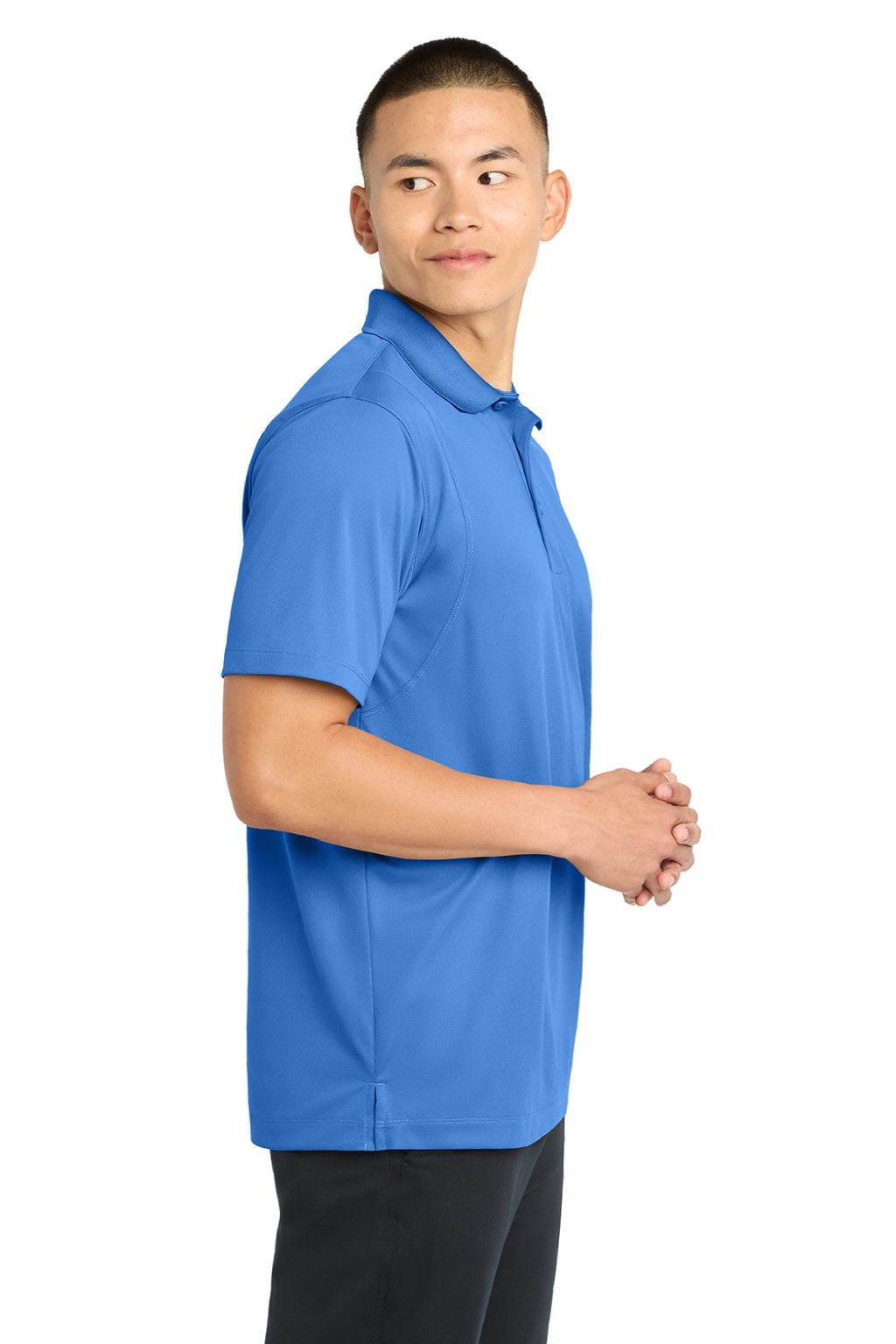 Sport-Tek ST650/TST650 Mens Sport-Wick Moisture Wicking Short Sleeve Polo Shirt Blue Lake Model Side