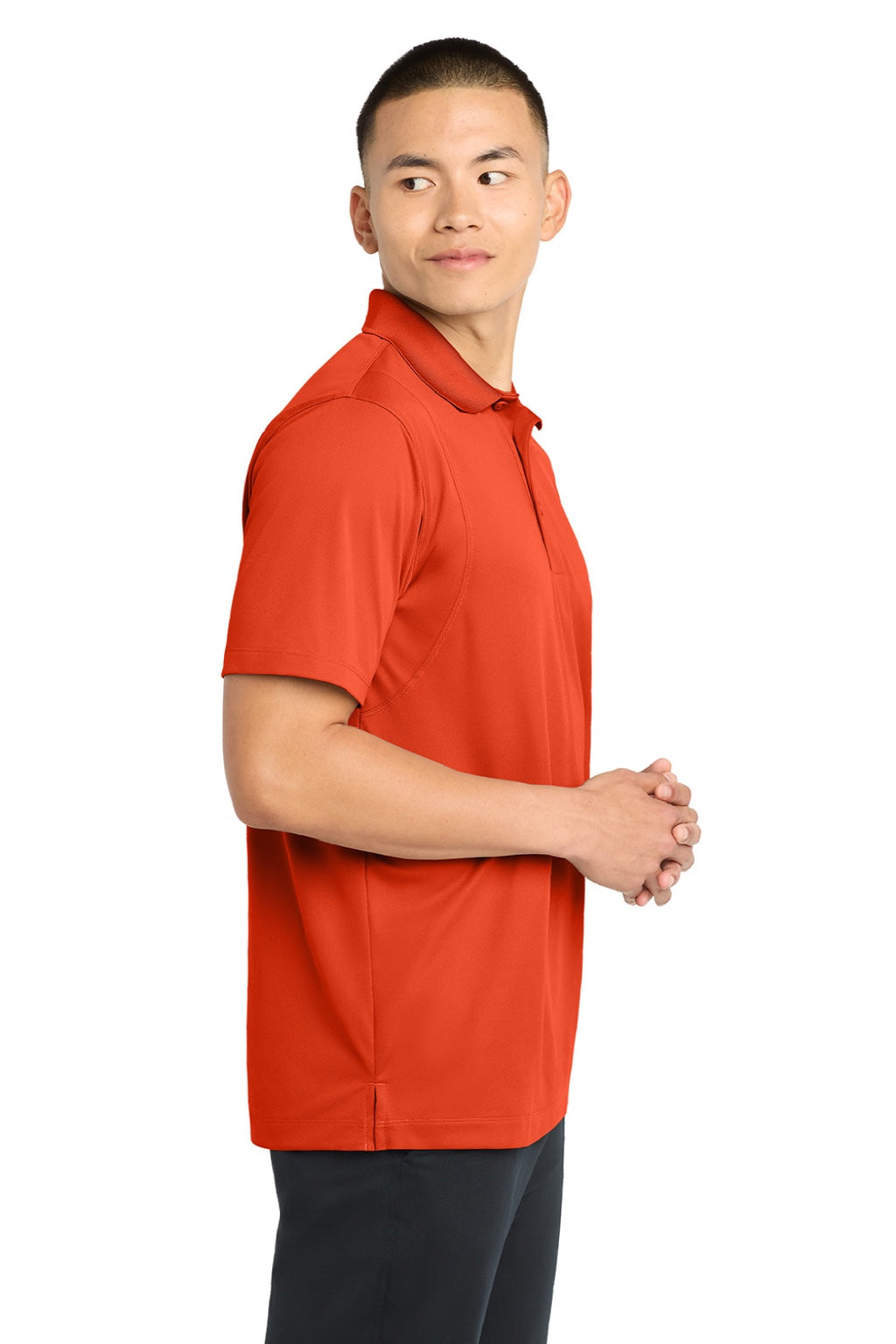 Sport-Tek ST650/TST650 Mens Sport-Wick Moisture Wicking Short Sleeve Polo Shirt Deep Orange Model Side