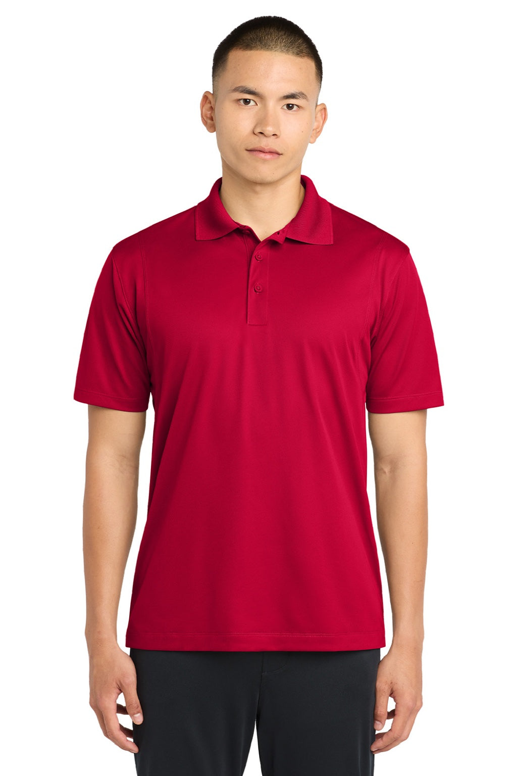 Sport-Tek ST650/TST650 Mens Sport-Wick Moisture Wicking Short Sleeve Polo Shirt Deep Red Model Front