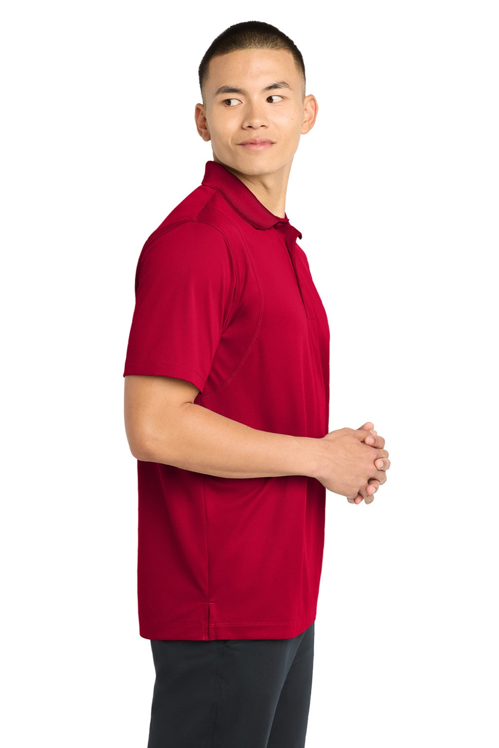 Sport-Tek ST650/TST650 Mens Sport-Wick Moisture Wicking Short Sleeve Polo Shirt Deep Red Model Side