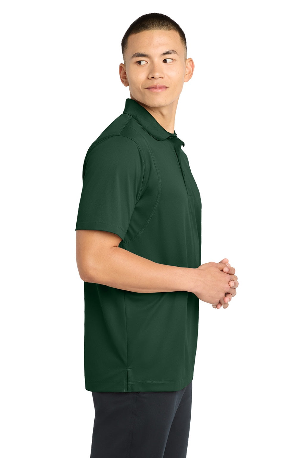 Sport-Tek ST650/TST650 Mens Sport-Wick Moisture Wicking Short Sleeve Polo Shirt Forest Green Model Side