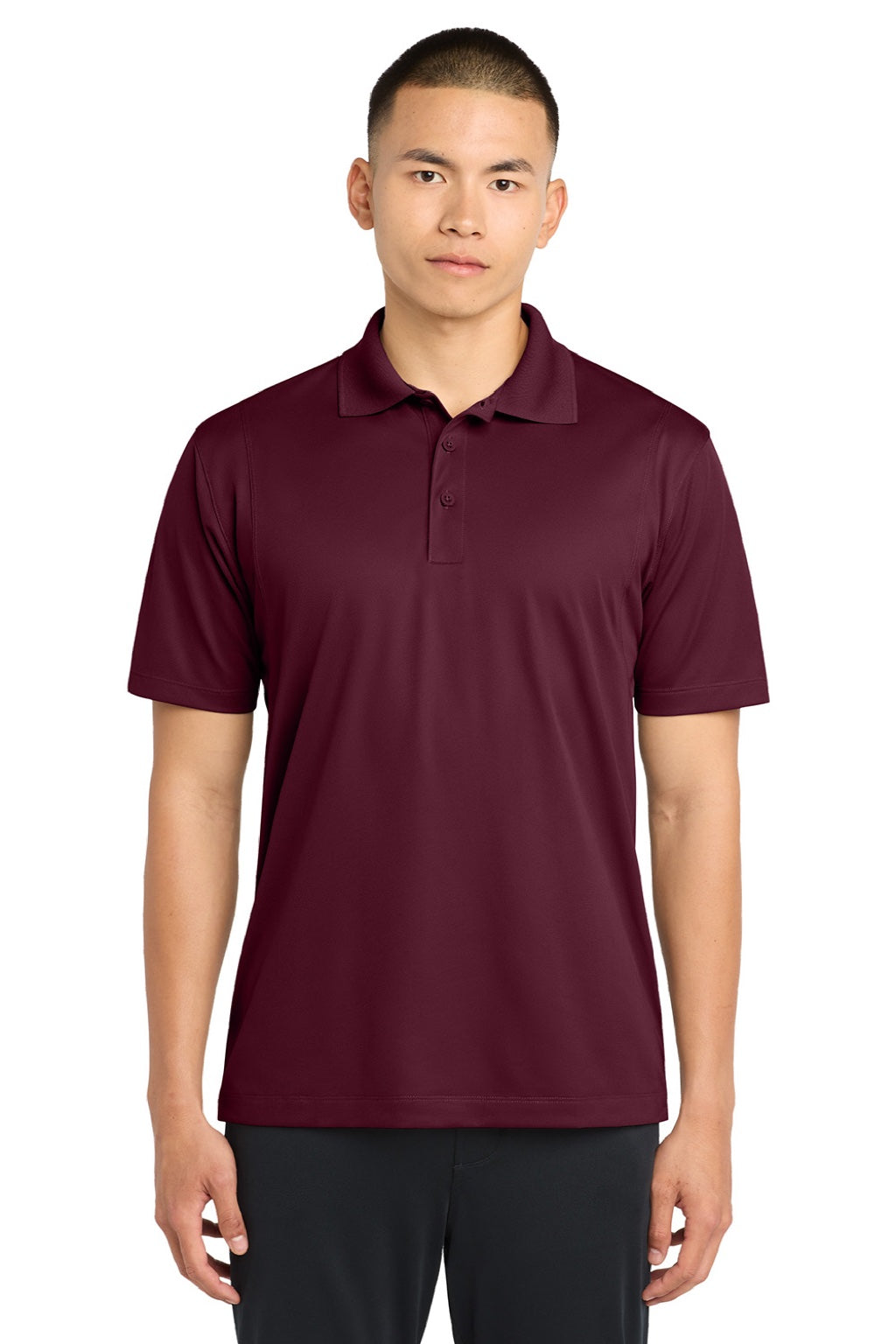 Sport-Tek ST650/TST650 Mens Sport-Wick Moisture Wicking Short Sleeve Polo Shirt Maroon Model Front