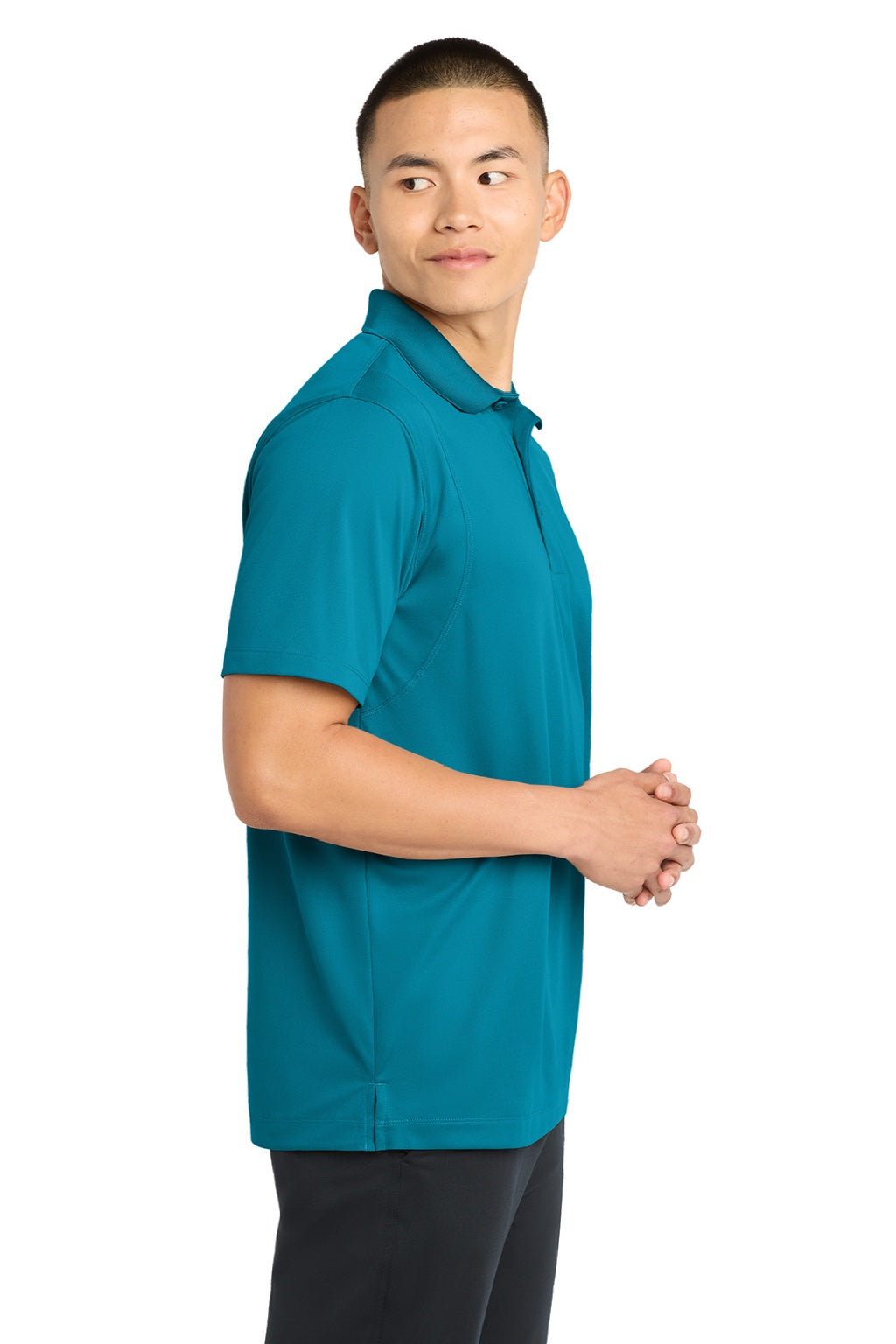 Sport-Tek ST650/TST650 Mens Sport-Wick Moisture Wicking Short Sleeve Polo Shirt Tropic Blue Model Side