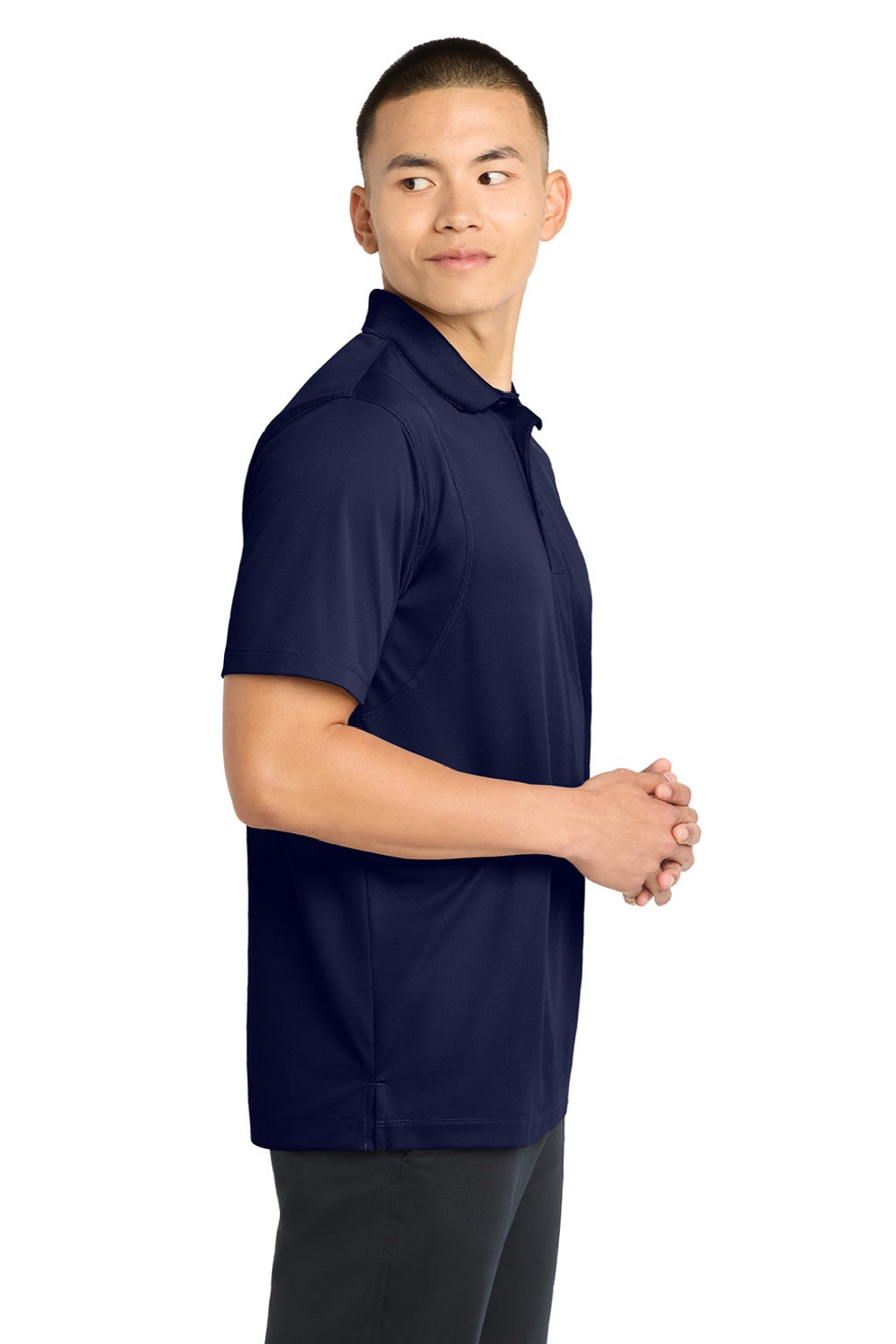 Sport-Tek ST650/TST650 Mens Sport-Wick Moisture Wicking Short Sleeve Polo Shirt True Navy Blue Model Side
