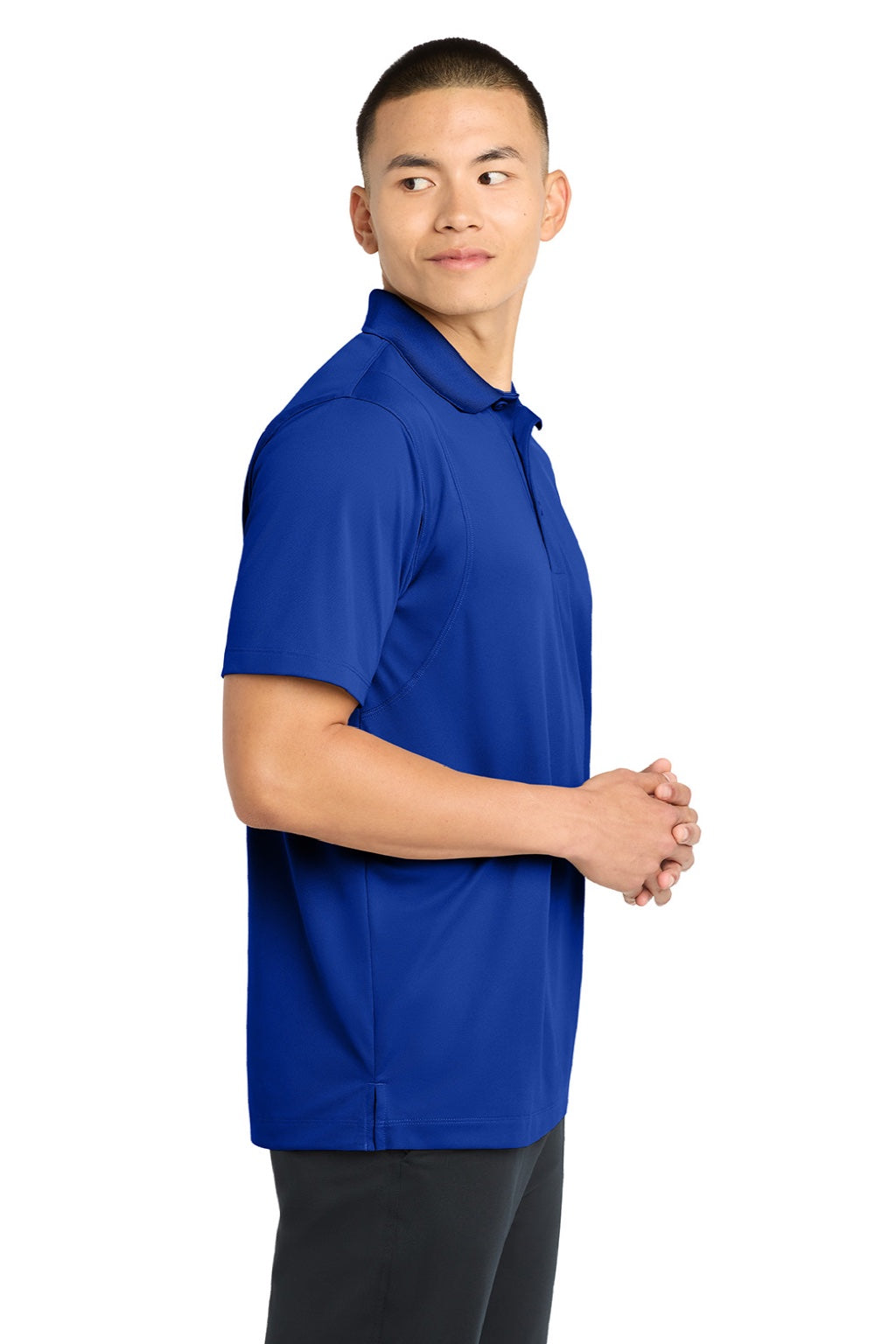 Sport-Tek ST650/TST650 Mens Sport-Wick Moisture Wicking Short Sleeve Polo Shirt True Royal Blue Model Side
