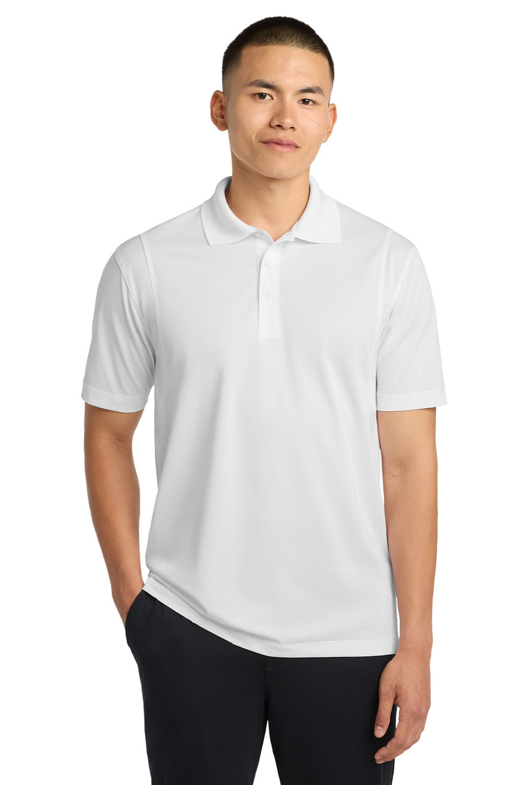 Sport-Tek ST650/TST650 Mens Sport-Wick Moisture Wicking Short Sleeve Polo Shirt White Model Front