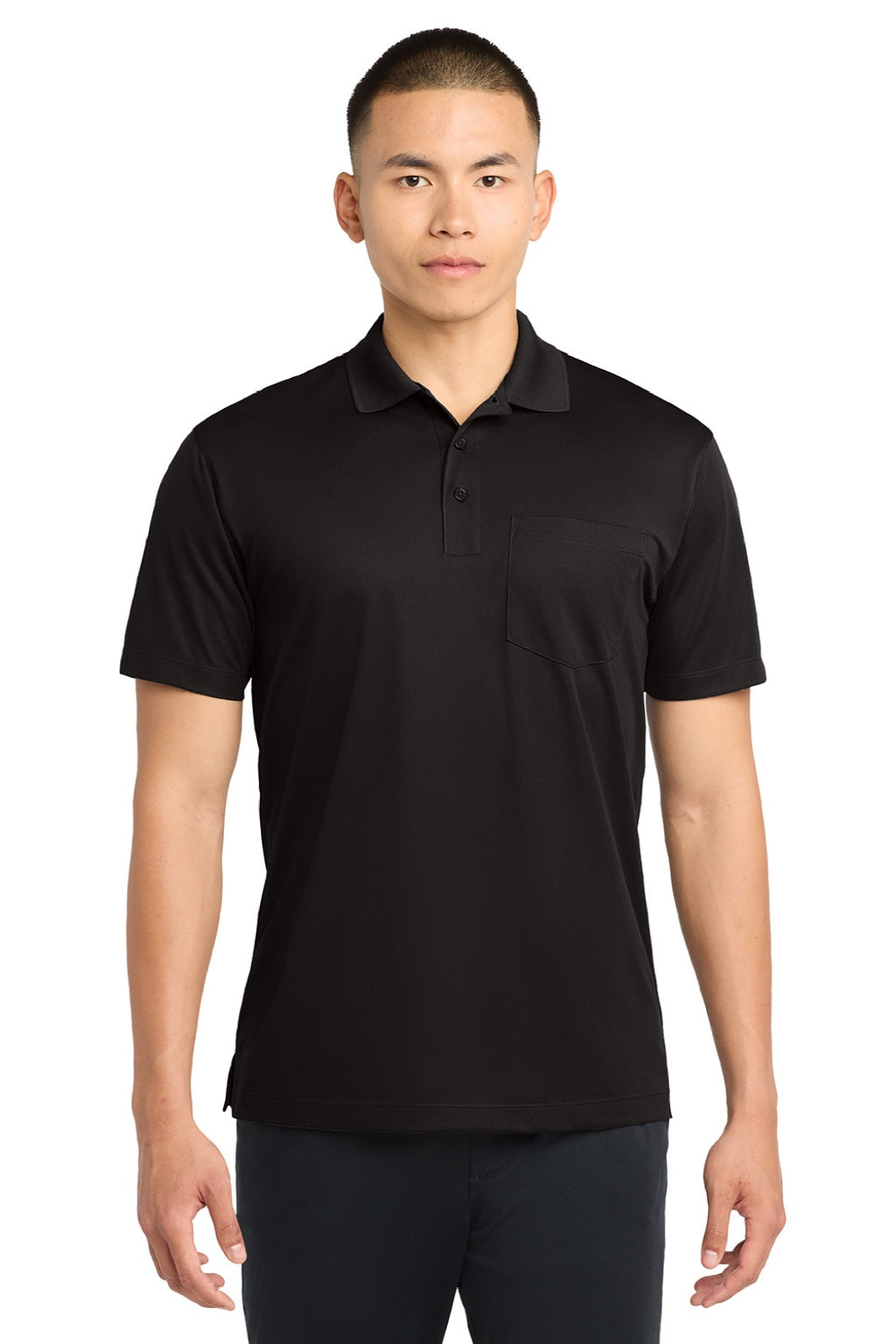Sport-Tek ST651 Mens Sport-Wick Moisture Wicking Short Sleeve Polo Shirt w/ Pocket Black Model Front