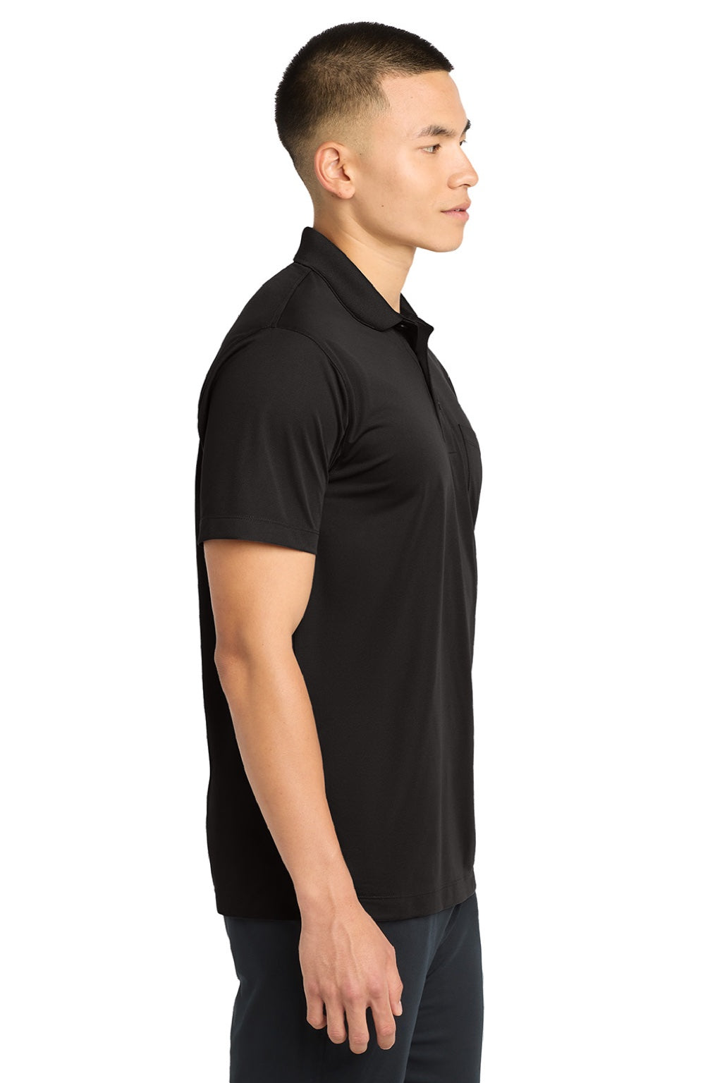Sport-Tek ST651 Mens Sport-Wick Moisture Wicking Short Sleeve Polo Shirt w/ Pocket Black Model Side