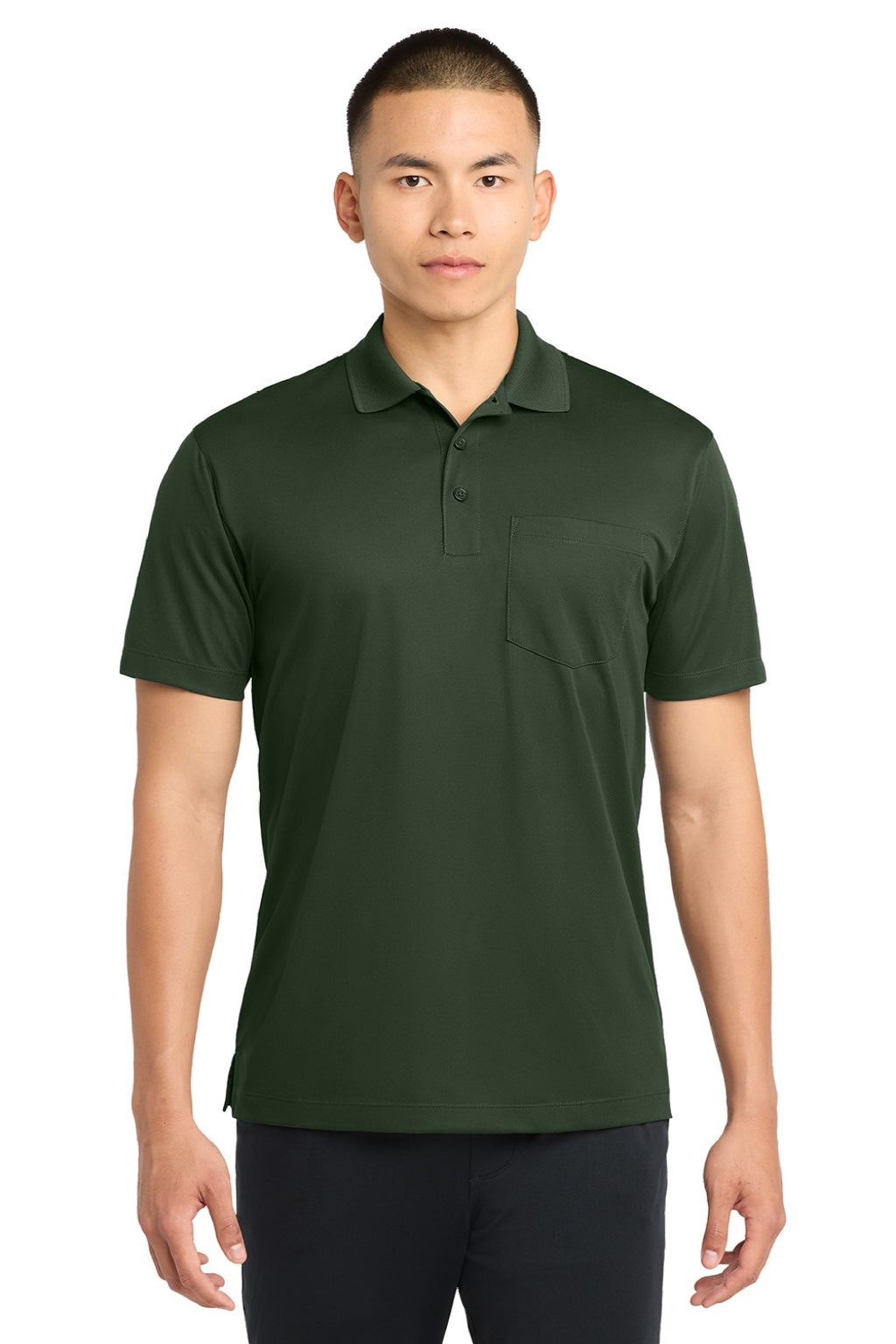 Sport-Tek ST651 Mens Sport-Wick Moisture Wicking Short Sleeve Polo Shirt w/ Pocket Forest Green Model Front