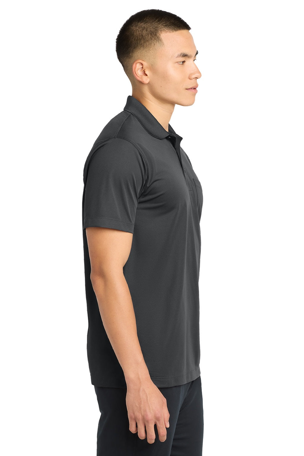Sport-Tek ST651 Mens Sport-Wick Moisture Wicking Short Sleeve Polo Shirt w/ Pocket Iron Grey Model Side