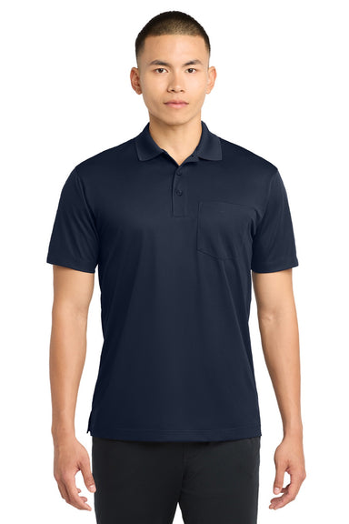 Sport-Tek ST651 Mens Sport-Wick Moisture Wicking Short Sleeve Polo Shirt w/ Pocket True Navy Blue Model Front